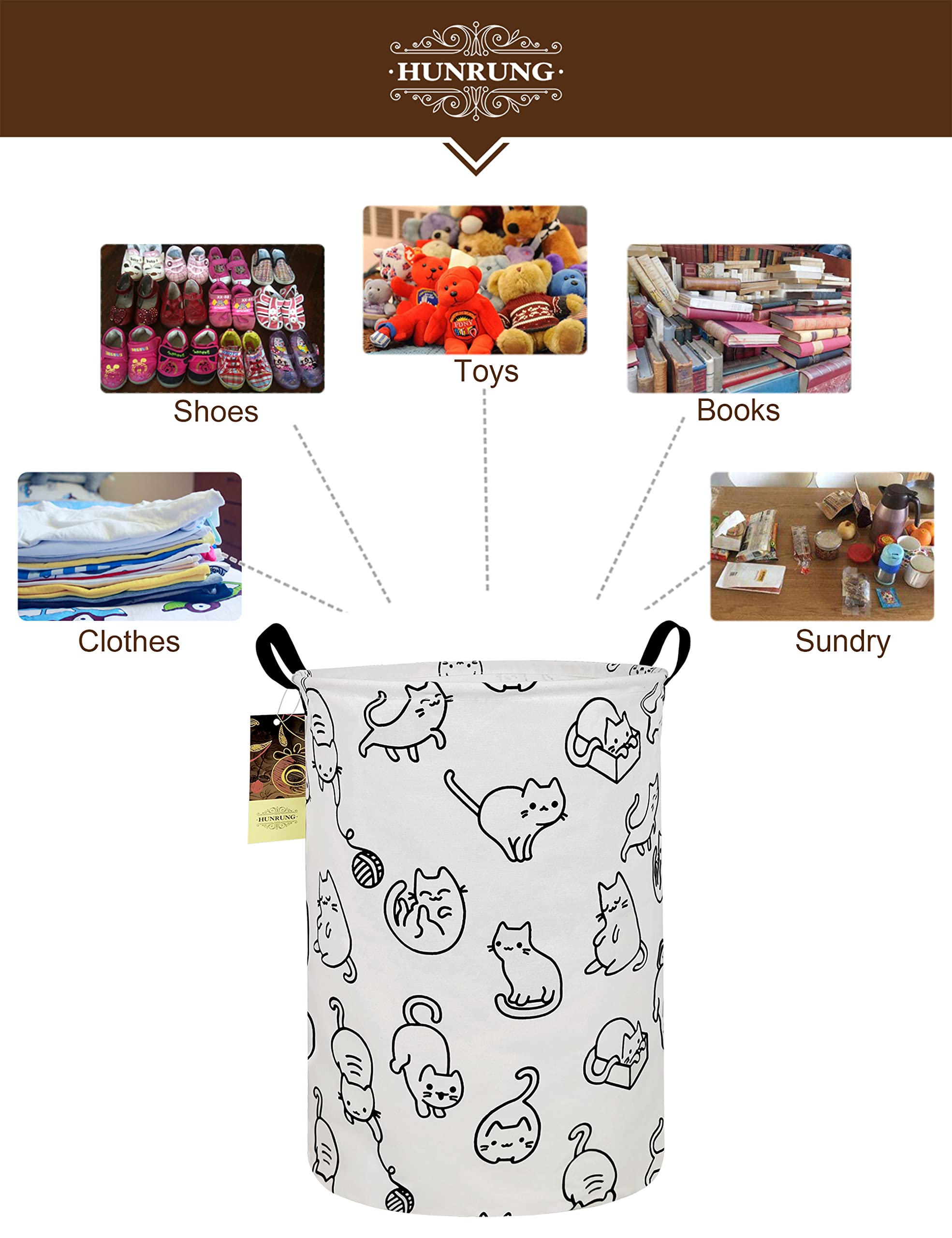 Hunrung Laundry Hamper,Large Canvas Fabric Lightweight Storage Basket Toy Organizer Dirty Clothes Collapsible Waterproof For College Dorms, Children Bedroom,Bathroom(Round Cat)