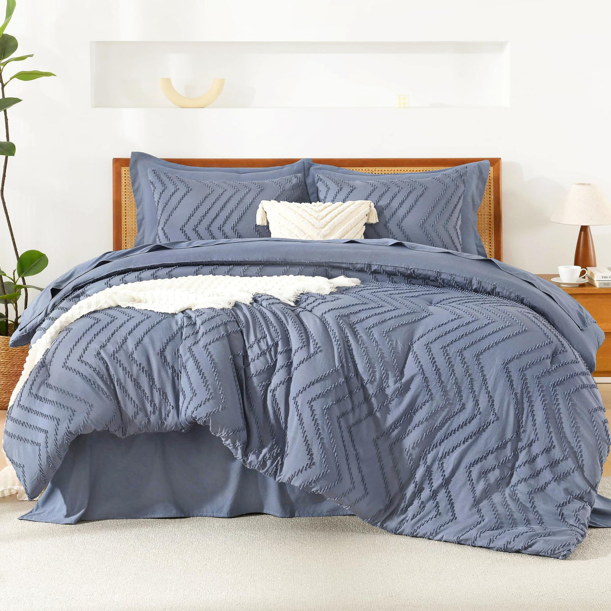 Litanika Full Size Comforter Set With Sheets Bluish Blue - 7 Pieces Bed In A Bag Full Chevron Tufted Complete Beddding Sets With