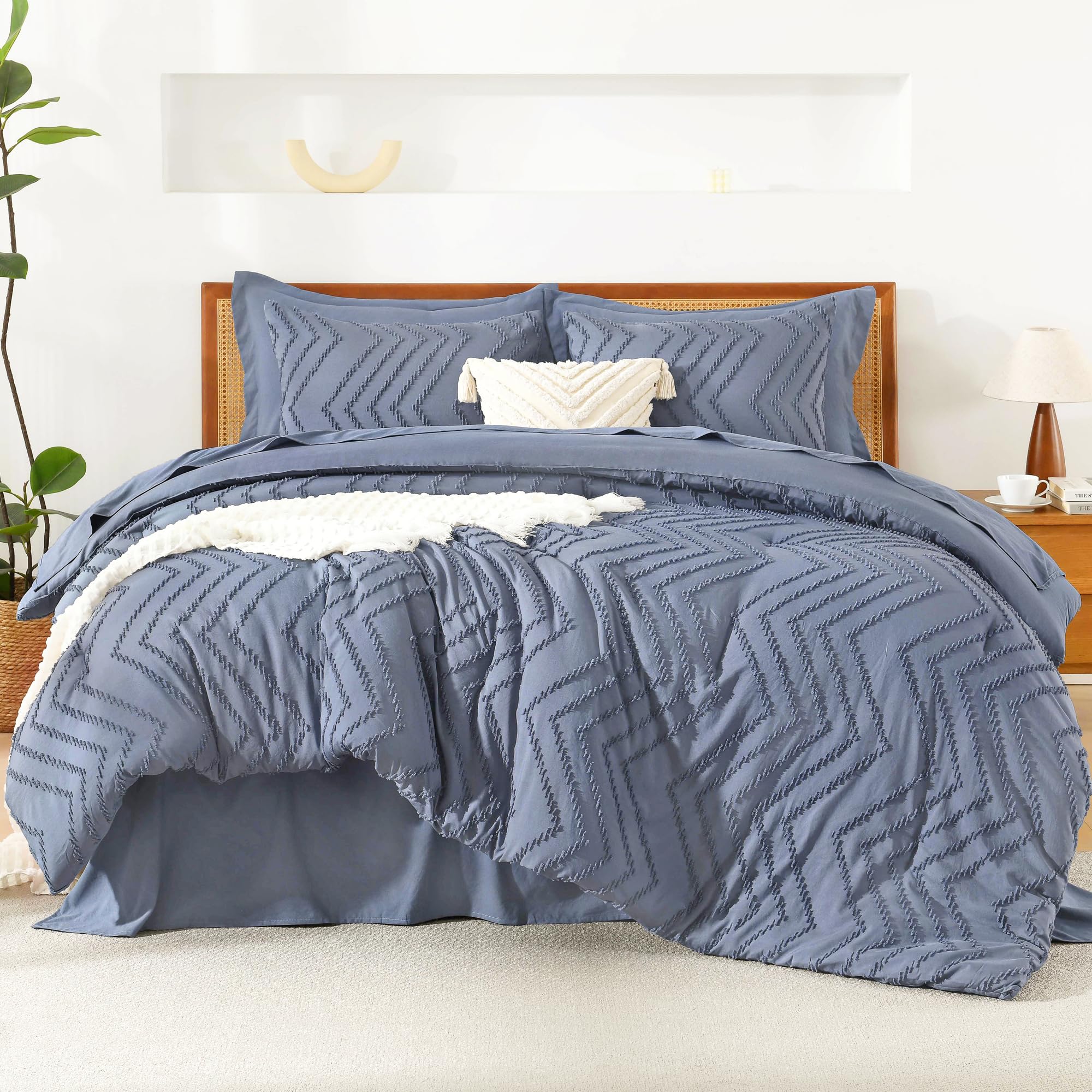 Litanika Full Size Comforter Set With Sheets Bluish Blue - 7 Pieces Bed In A Bag Full Chevron Tufted Complete Beddding Sets With