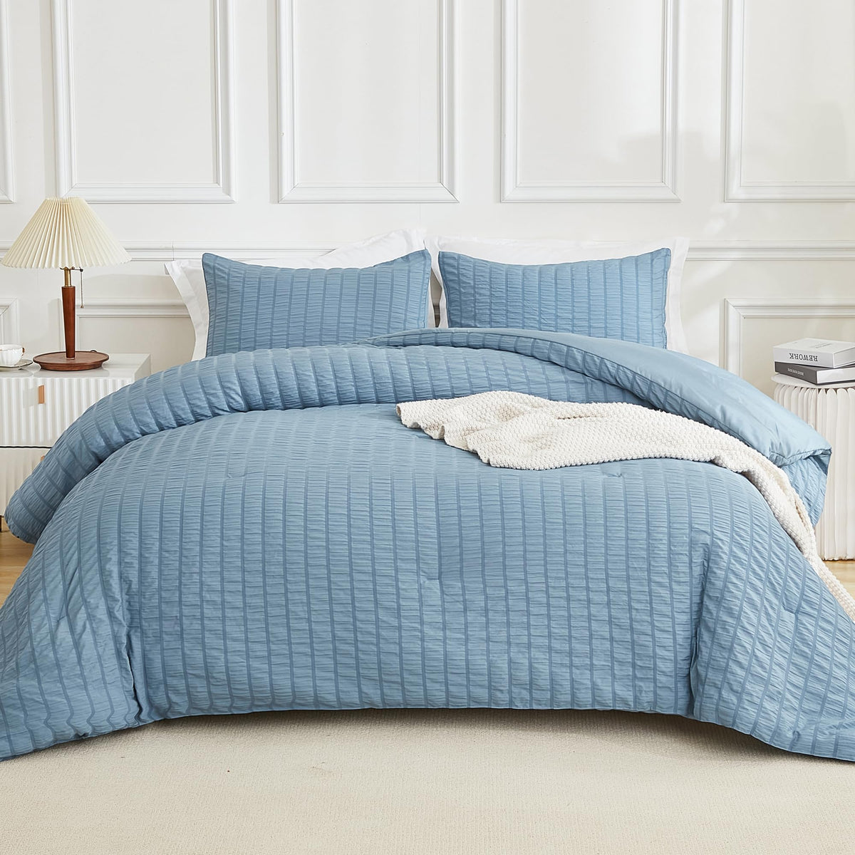 Avelom Seersucker Comforter Set - Full Size - Grayish Blue - 80X90 Inches - 3 Pieces - Unisex