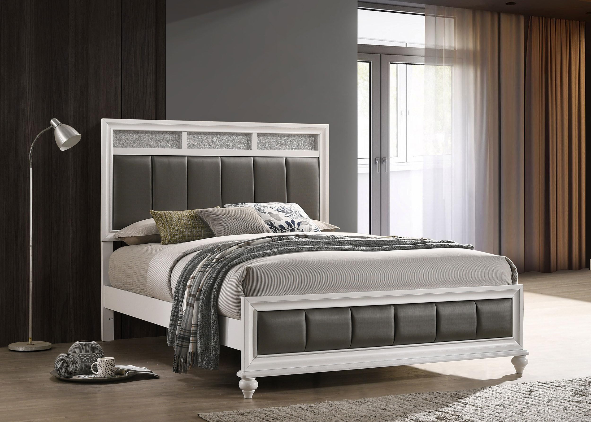 Coaster Home Furnishings Barzini Modern Classic Leatherette Upholstered Queen Size Panel Bed Frame 56-inch Headboard White 205891Q