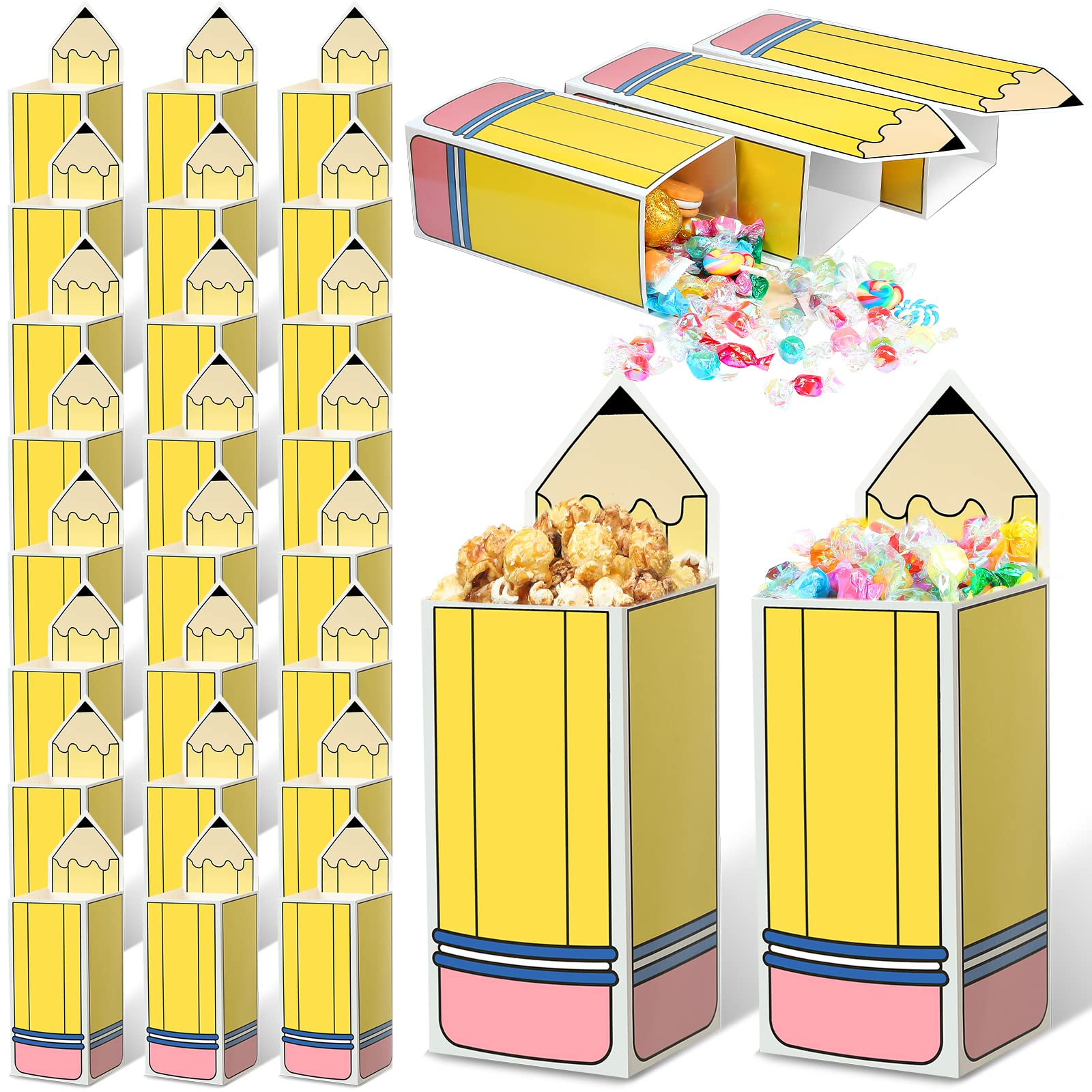 Harloon 24 Pcs Back to School Pencil Candy Boxes Popcorn Holders Teacher Gift Bags Party Favors Welcome Back to School Candy Tre