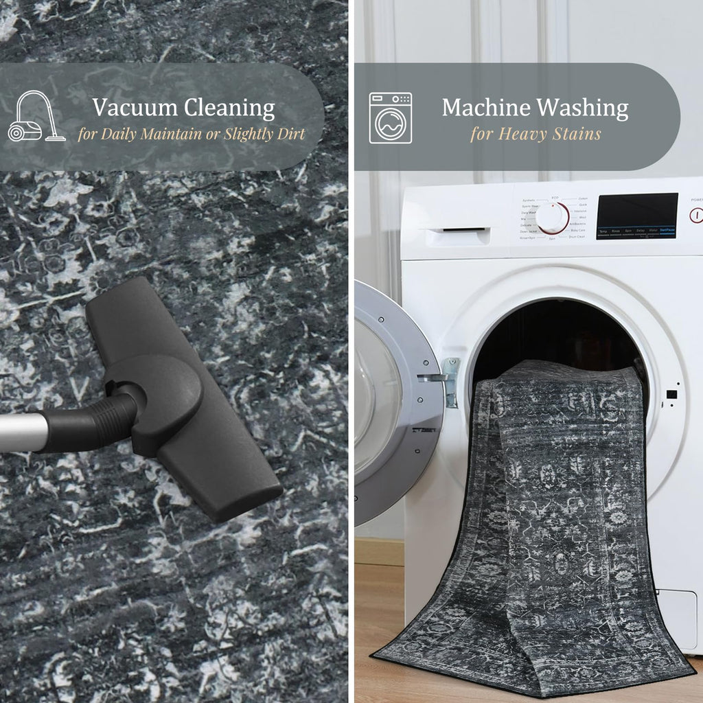 Morebes Vintage Washable Rug Runners For Hallways 10 Feet Non Slip, Distressed Non Skid Bathroom Rugs Long Washable Black Carpet
