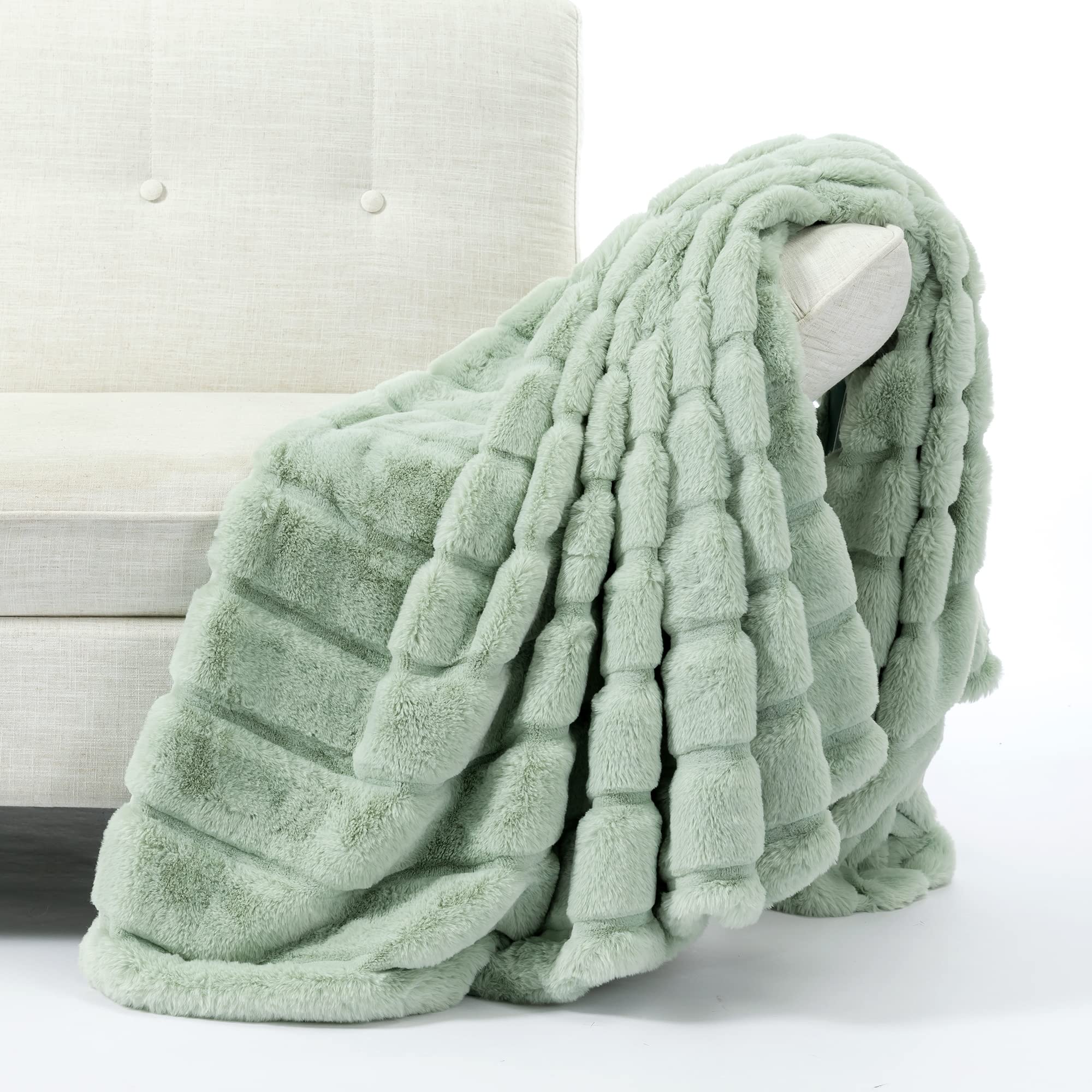 Cozy Bliss Luxury Super Soft Striped Faux Fur Throw Blanket For Couch, Size, 50'X60' Green, Extra Soft, Fluffy, Warm, Anti-Sta