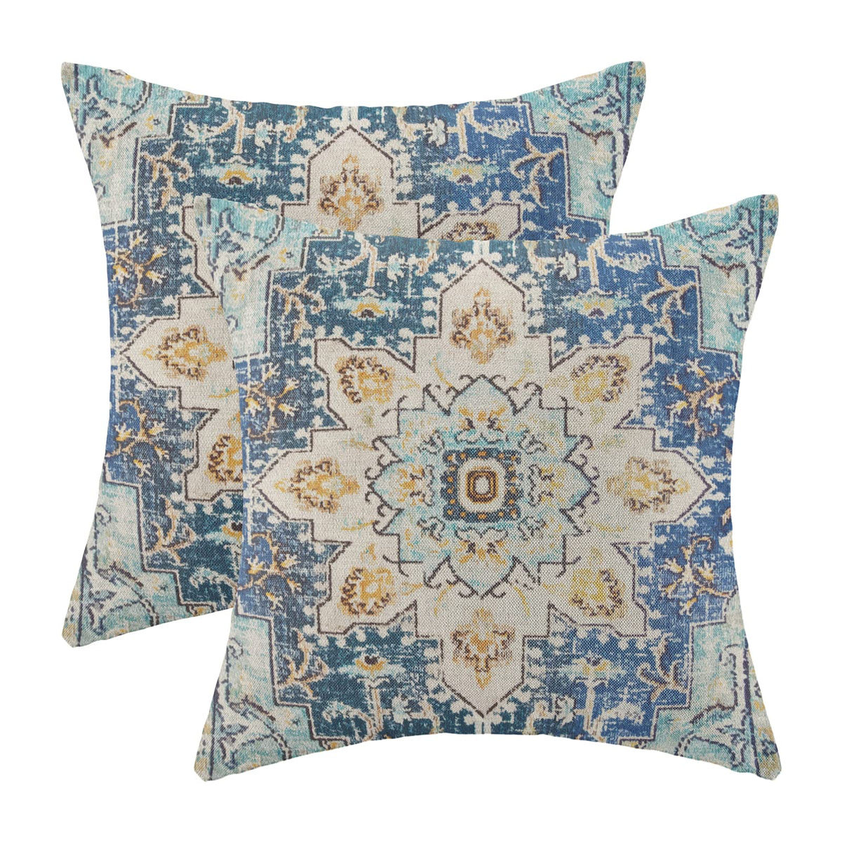 Gohdiwh Boho Pillow Covers 16X16 Set Of 2, Blue Yellow Carpet Pattern Decorative Throw Pillows Linen Ethnic Design Farmhouse Cus