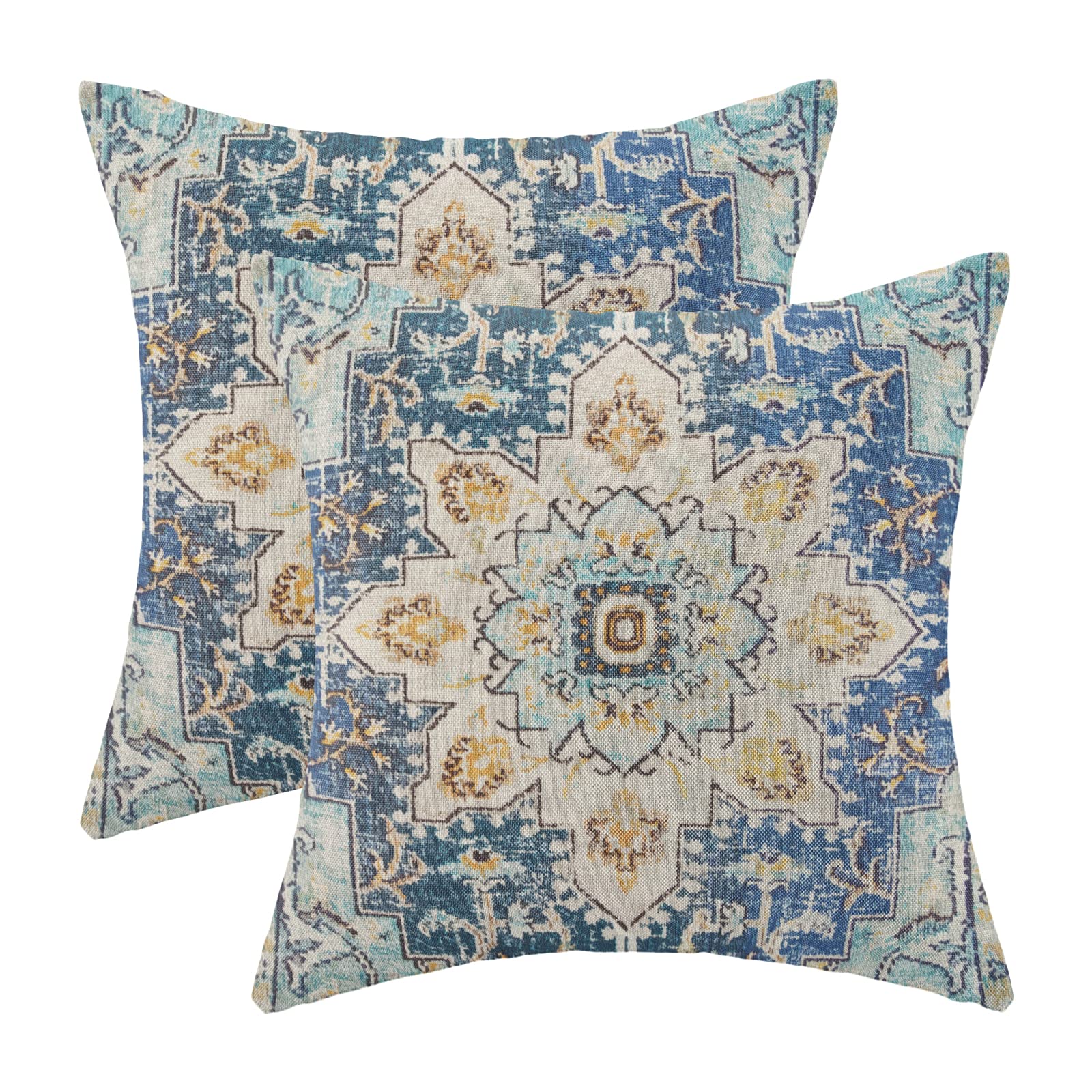 Gohdiwh Boho Pillow Covers 16X16 Set Of 2, Blue Yellow Carpet Pattern Decorative Throw Pillows Linen Ethnic Design Farmhouse Cus