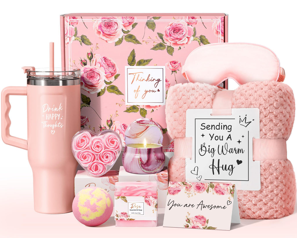 Birthday Gifts for Women Self Care Gifts Get Well Soon Gifts Package Rose Relaxing Spa Gift Anniversary Gift Basket Kit with Fla