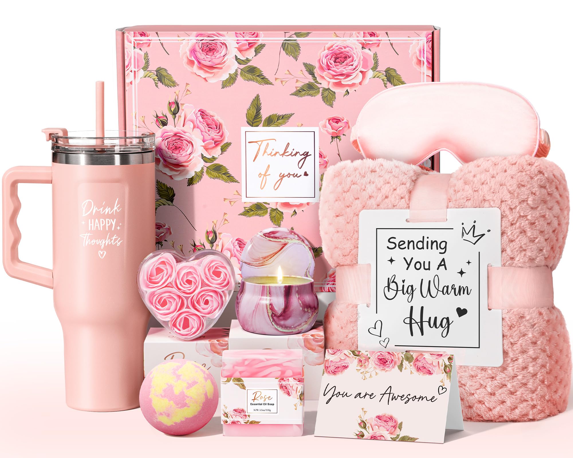 Birthday Gifts for Women Self Care Gifts Get Well Soon Gifts Package Rose Relaxing Spa Gift Anniversary Gift Basket Kit with Fla