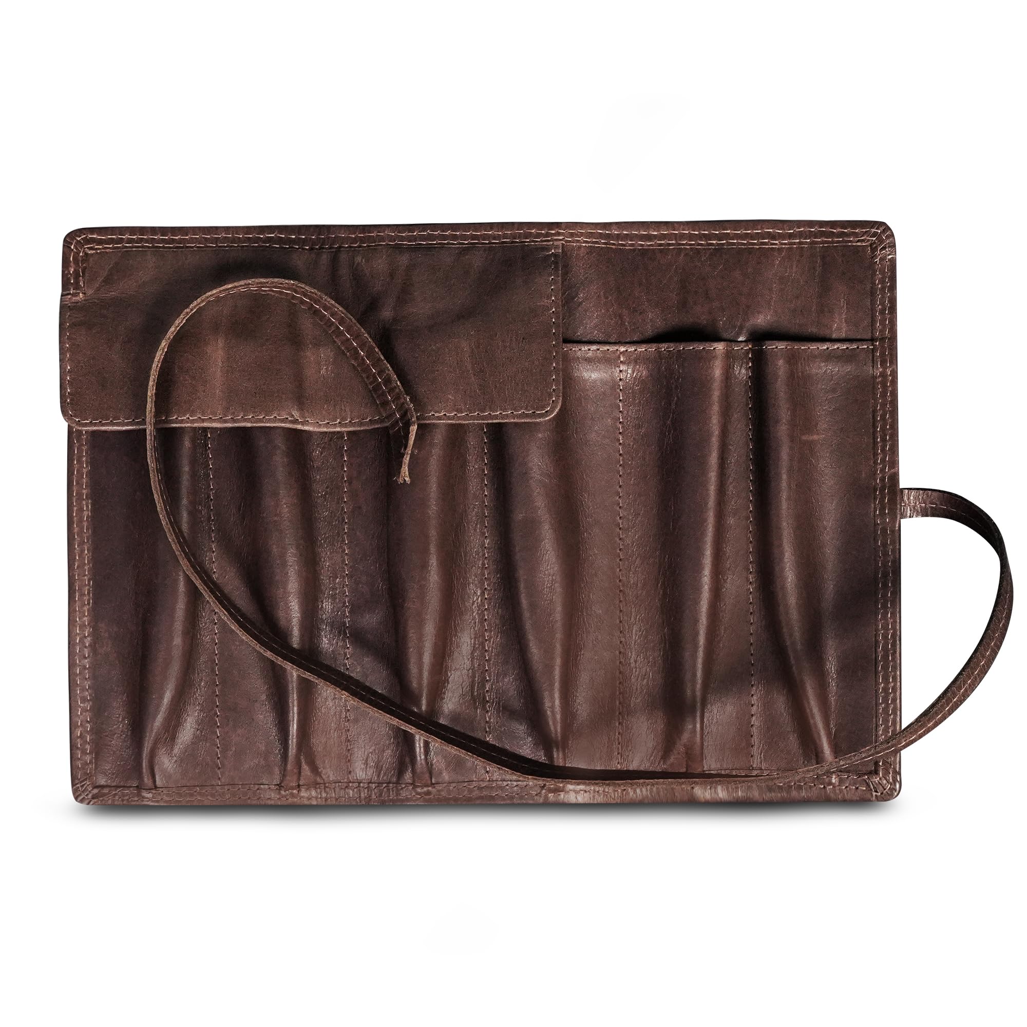 Leather Fountain Pen Case (Holds 6 Pens) - Secured Fountain Pen Pouch W/Sturdy Strap & Fold Over Flap - Handcrafted Wrap Leather