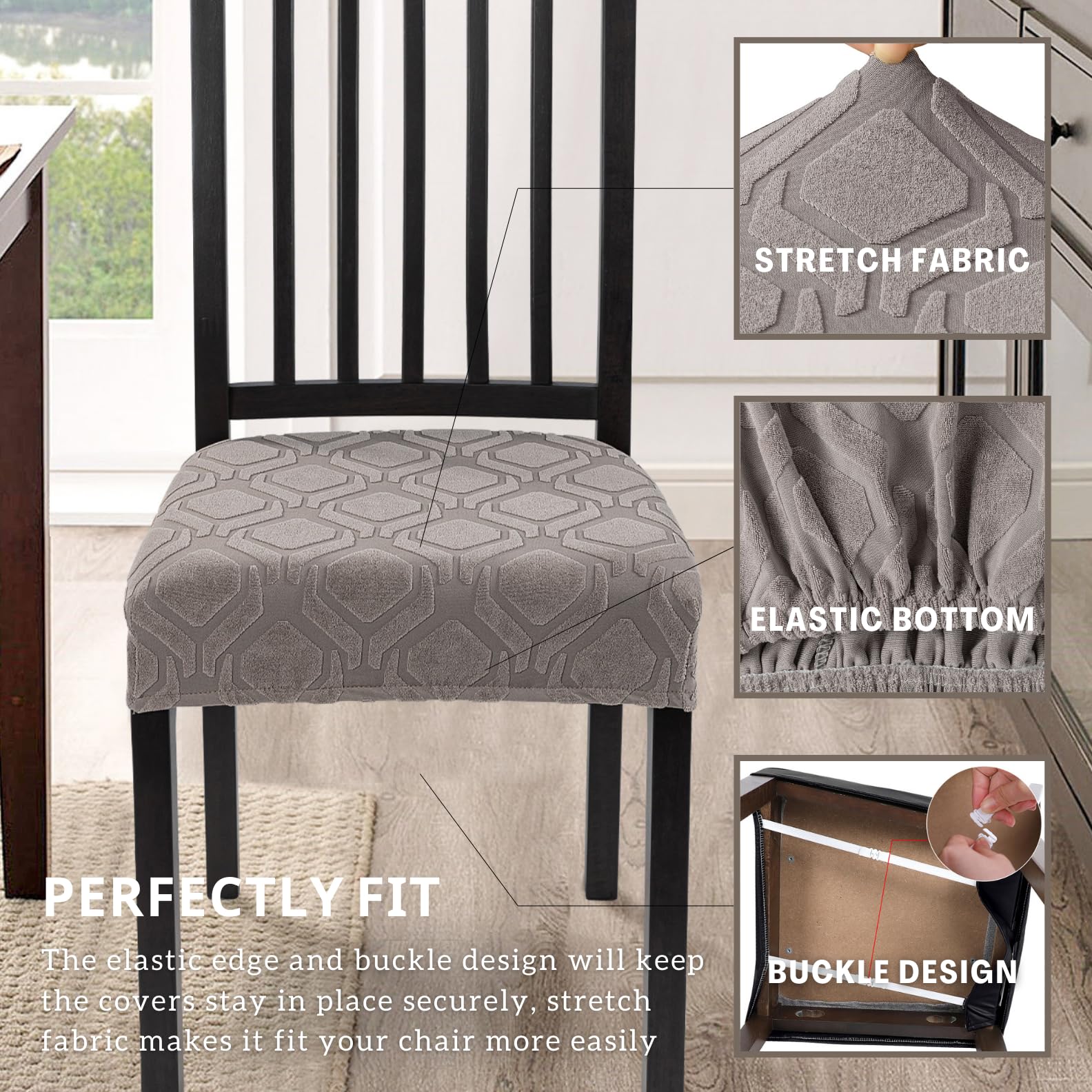 Searchi Stretch Dining Chair Seat Covers Set Of 6, Soft Removable Washable Seat Covers For Dining Chairs, Dining Room Seat Cover Protector (Rear-Covered, Hexagon Taupe)