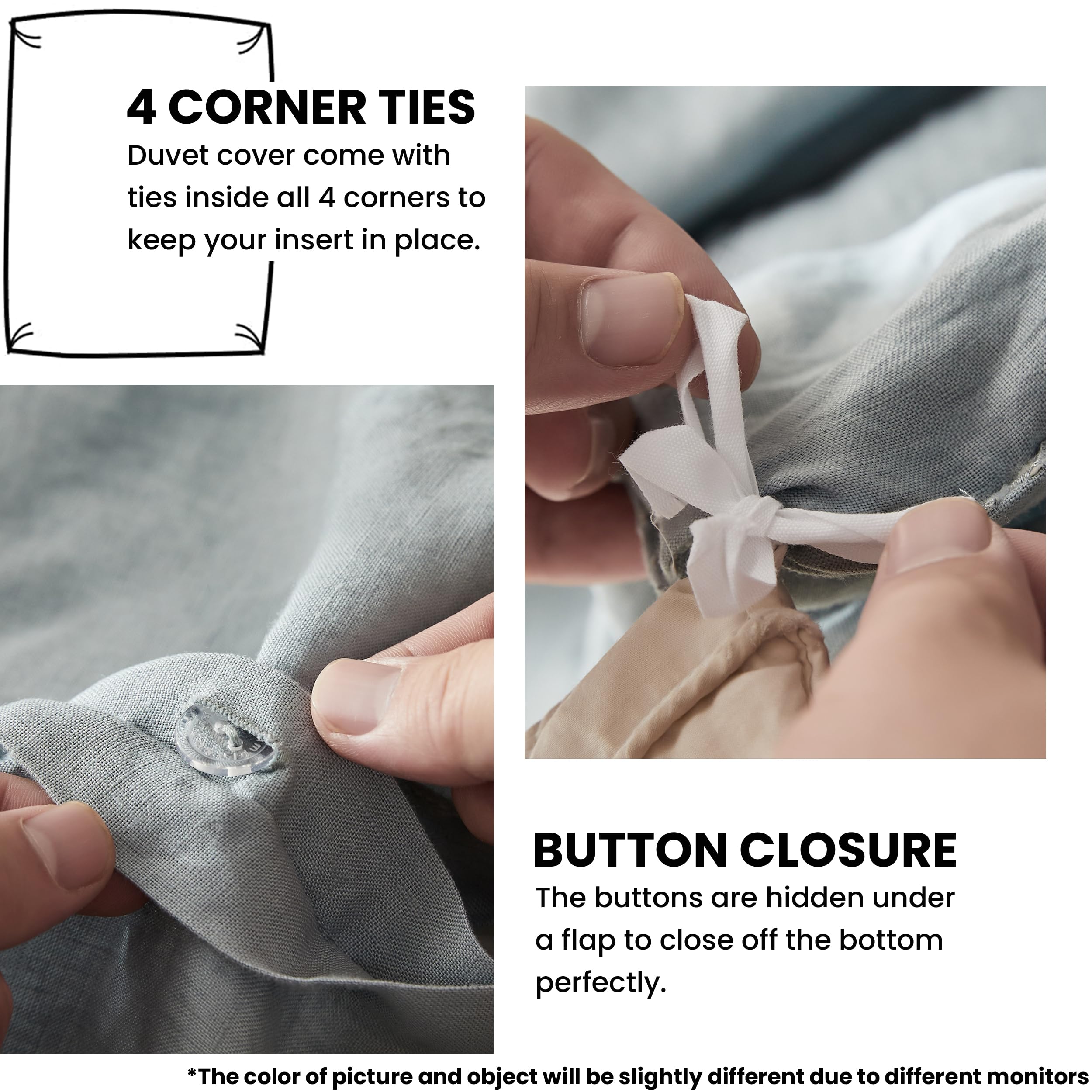 Simple&Opulence 100% Linen Duvet Cover Set With Crossed Embroidery Washed - 3 Pieces (1 Duvet Cover With 2 Pillow Shams) Soft Breathable Farmhouse - Dusty Blue, King Size