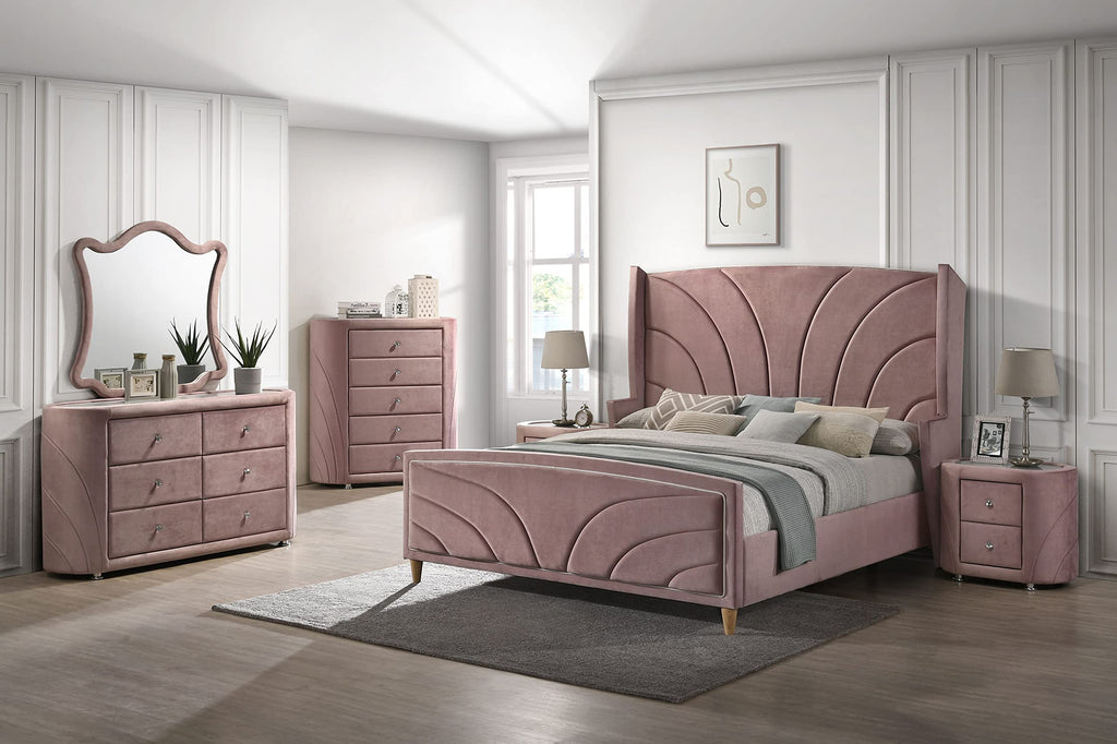 Acme Salonia 2 Drawers Velvet Upholstery Nightstand with Mirror Top in Pink