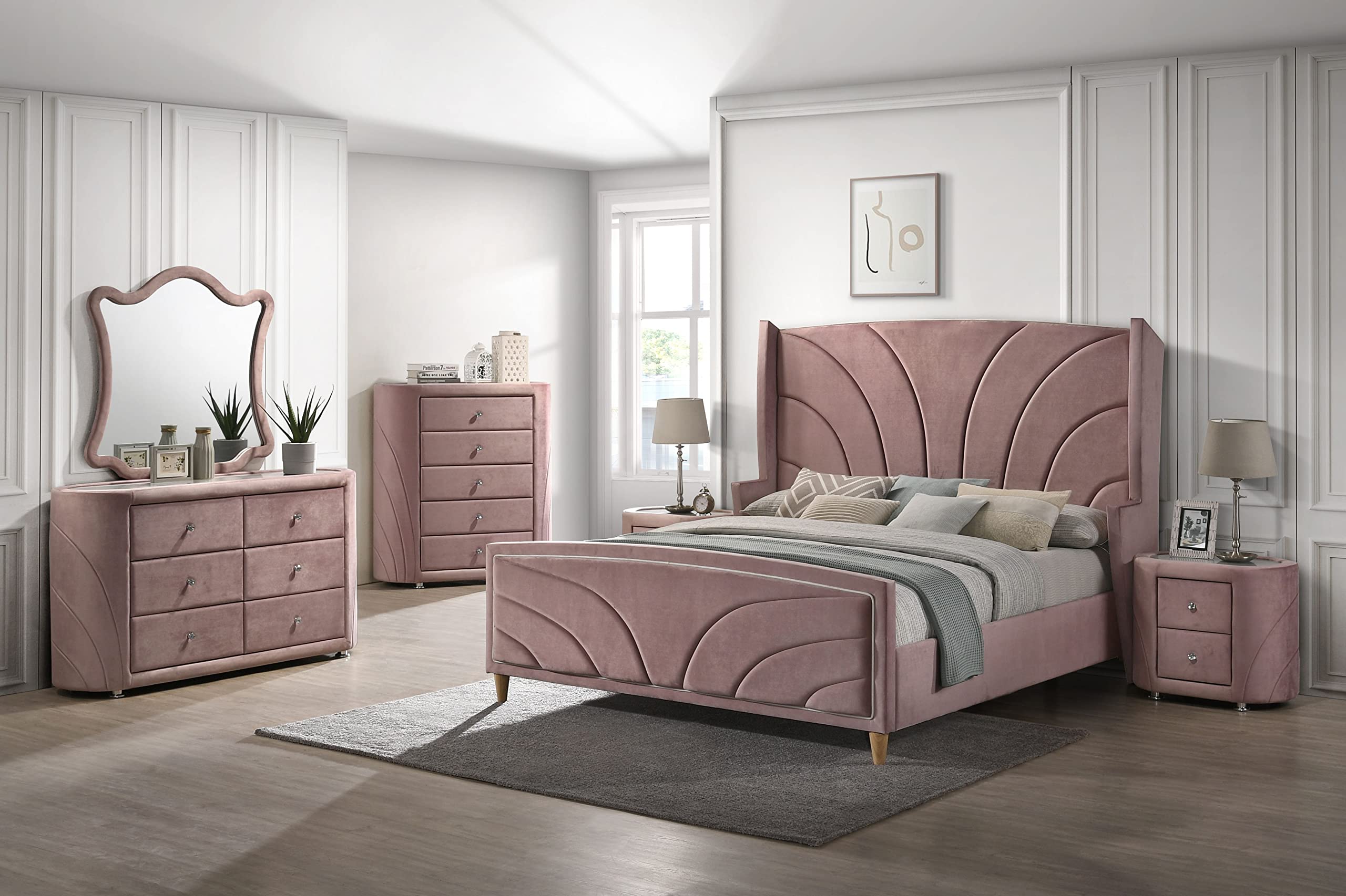 Acme Salonia 2 Drawers Velvet Upholstery Nightstand with Mirror Top in Pink