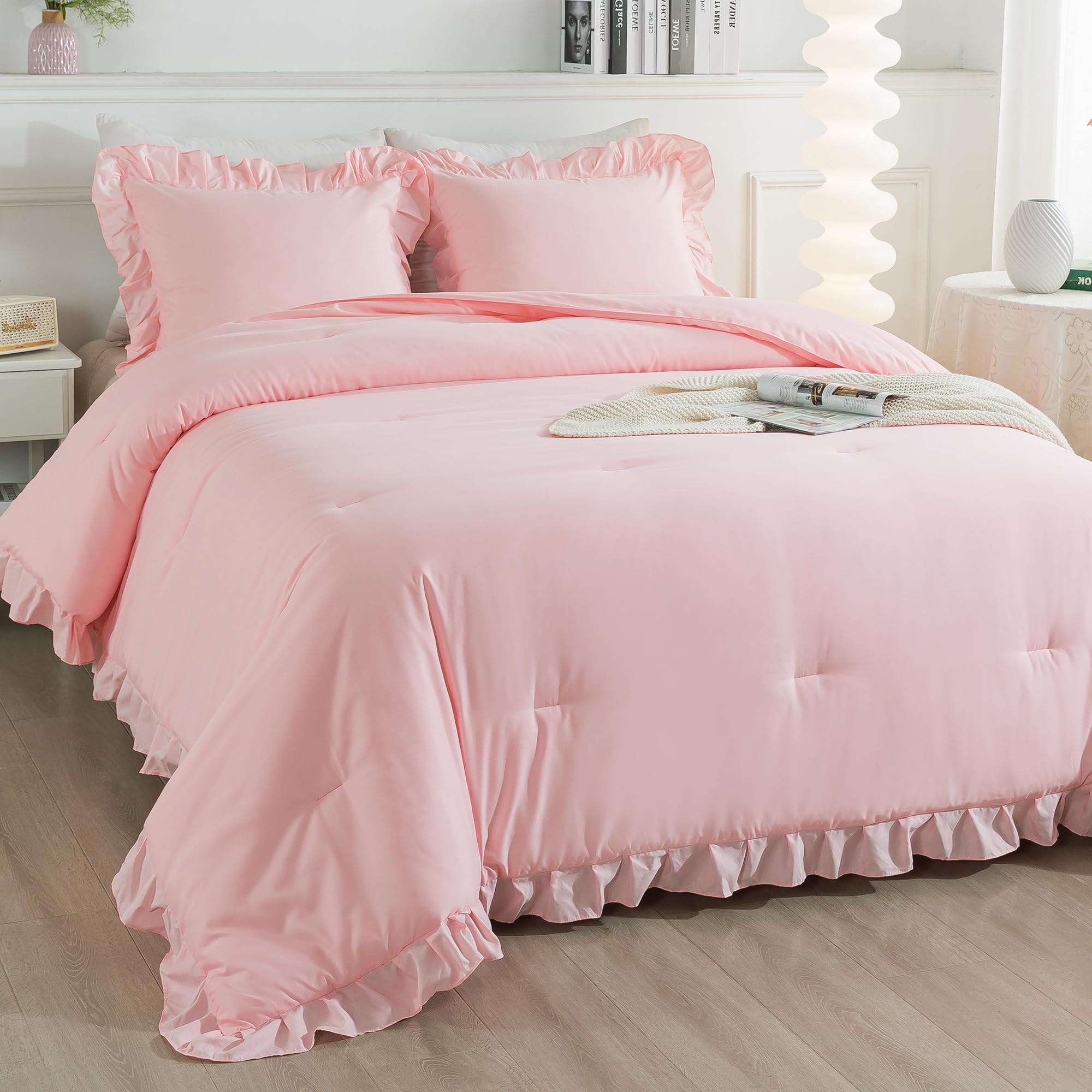 Andency Pink Ruffle Comforter King, 3 Pieces Solid Farmhouse Shabby Chic Comforter, Vintage Rustic Lightweight Soft Microfiber Bedding Set All Season (104X90Inch Comforter)
