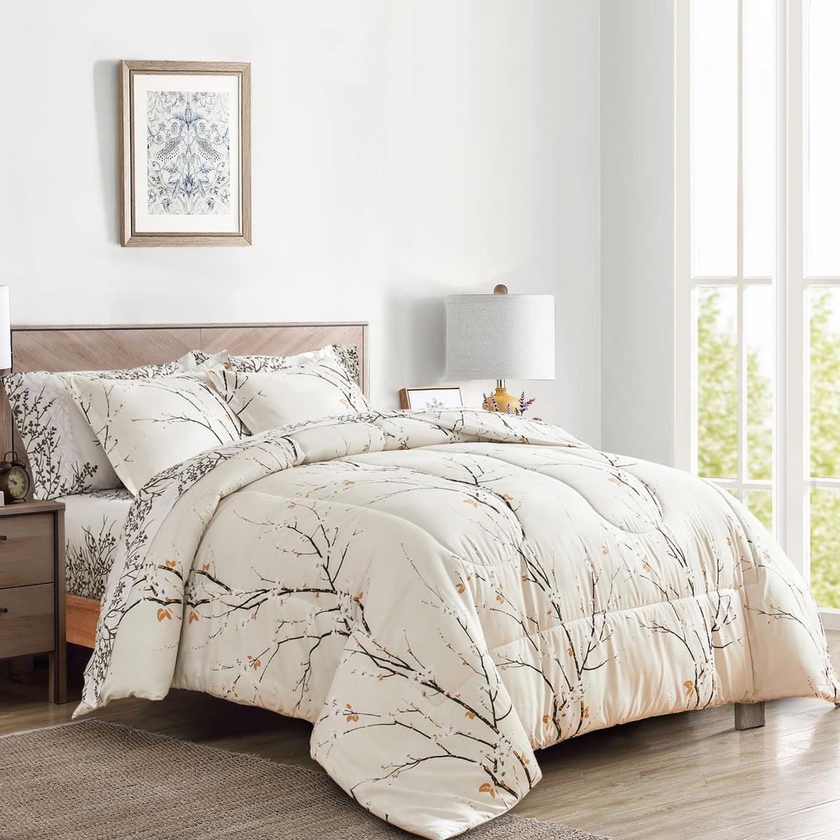 Cream White Bed In A Bag Queen 7 Pc Branch Style All Season Soft Microfiber Reversible Bed Comforter Set (1 Comforter 2 Pillow S