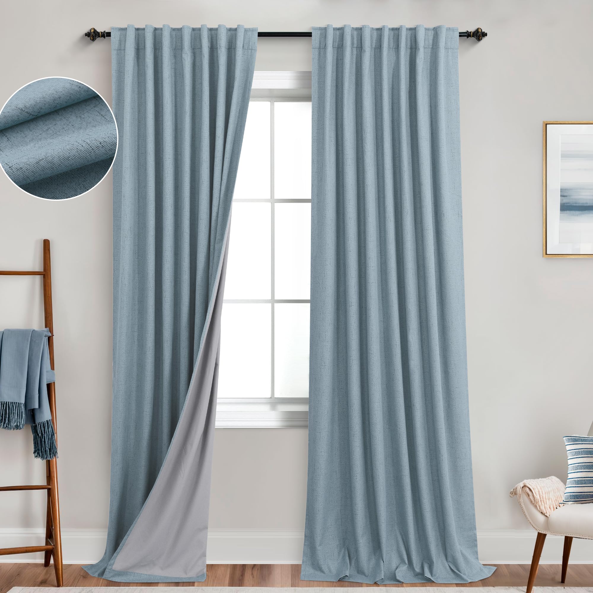 Koufall Blackout Curtains 90 Inches Long,Grey Blue Linen Textured Back Tab Pleated Black Out Curtains For Bedroom Living Room