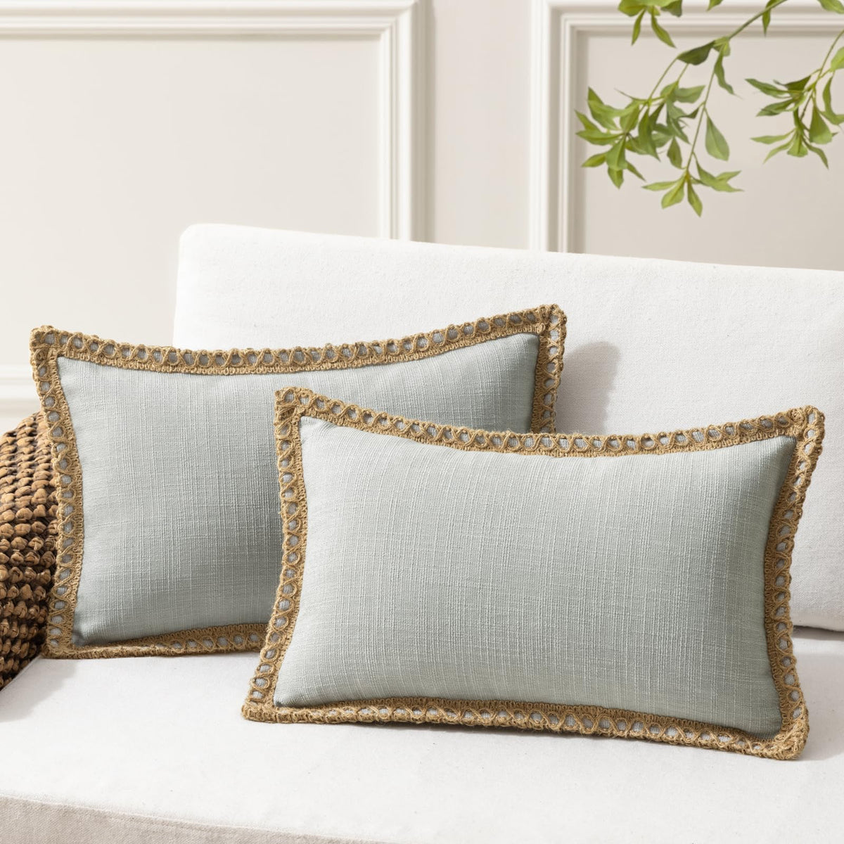 Phantoscope Pack Of 2 Farmhouse Decorative Throw Decorative Pillow Cover Burlap Linen Trimmed Tailored Edges, Flax Gray, 12 X 20 Inches, 30 X 50 Cm