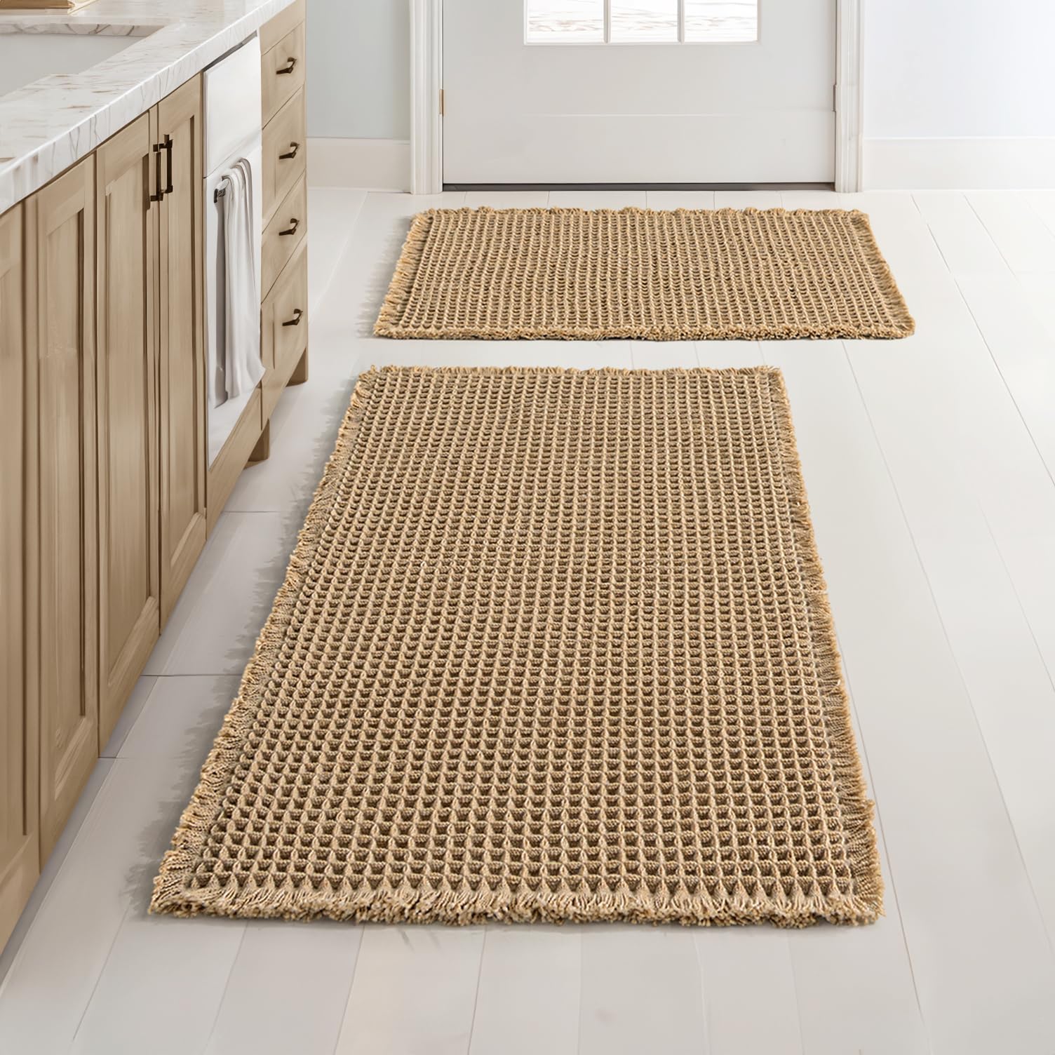 MIULEE Set of 2 Waffle Bathroom Rugs, Boho Bath Rugs Non Slip Washable, Super Absorbent Bath Mats, Ultra Soft Rubber Backed Show