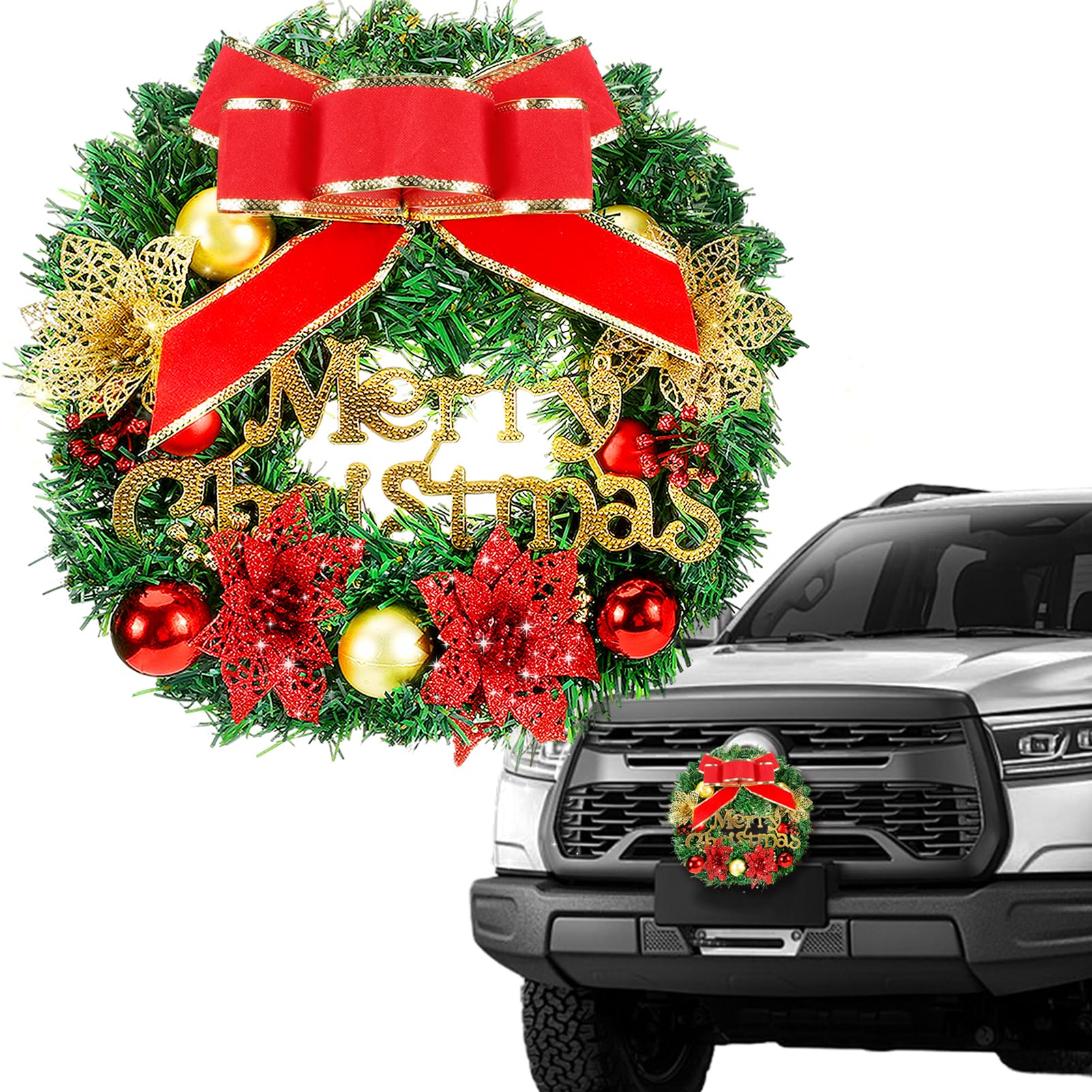 Car Wreath Truck Christmas Decor - 11.8in Xmas Front Grille Decoration Gifts for SUVs Automotive, Winter Holiday Artificial Pine