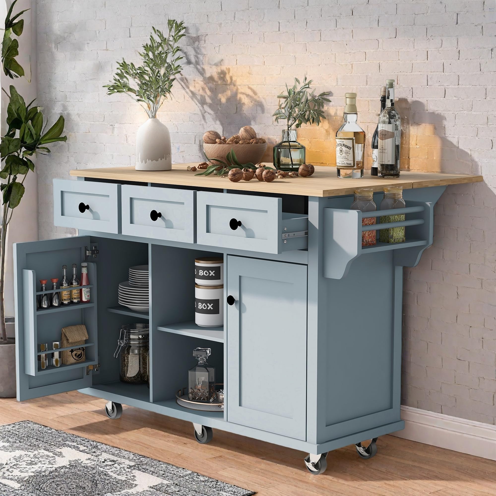 LUMISOL Kitchen Island on Wheels with 3 Drawers, Rolling Kitchen Cart with Drop Leaf and Storage Cabinets, Solid Wood Portable I