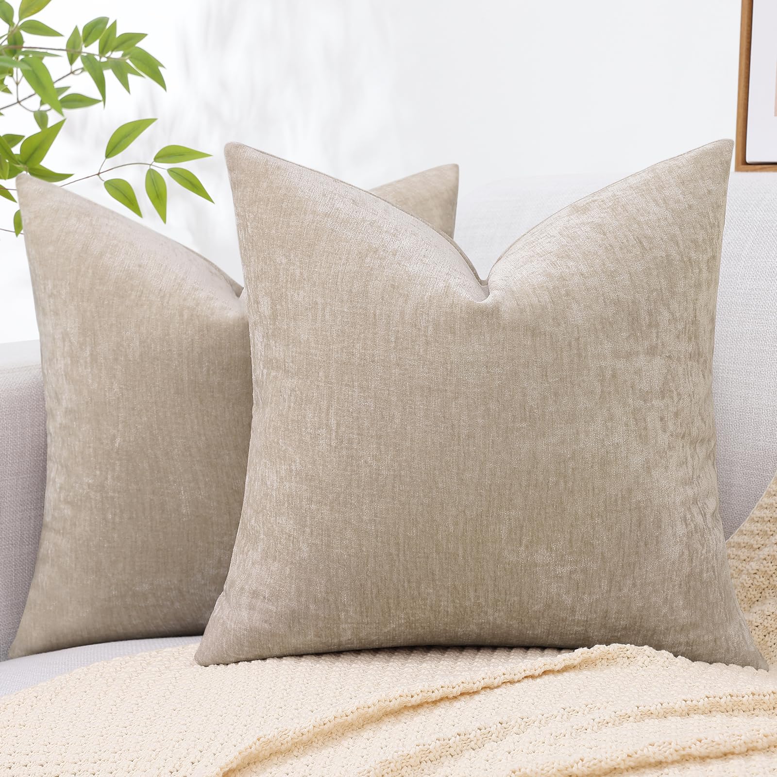 Decoruhome Couch Throw Pillow Covers 20X20 Set Of 2, Decorative Soft Chenille Solid Dyed Pillow Covers For Sofa Bed Living Room, Bleached Sand