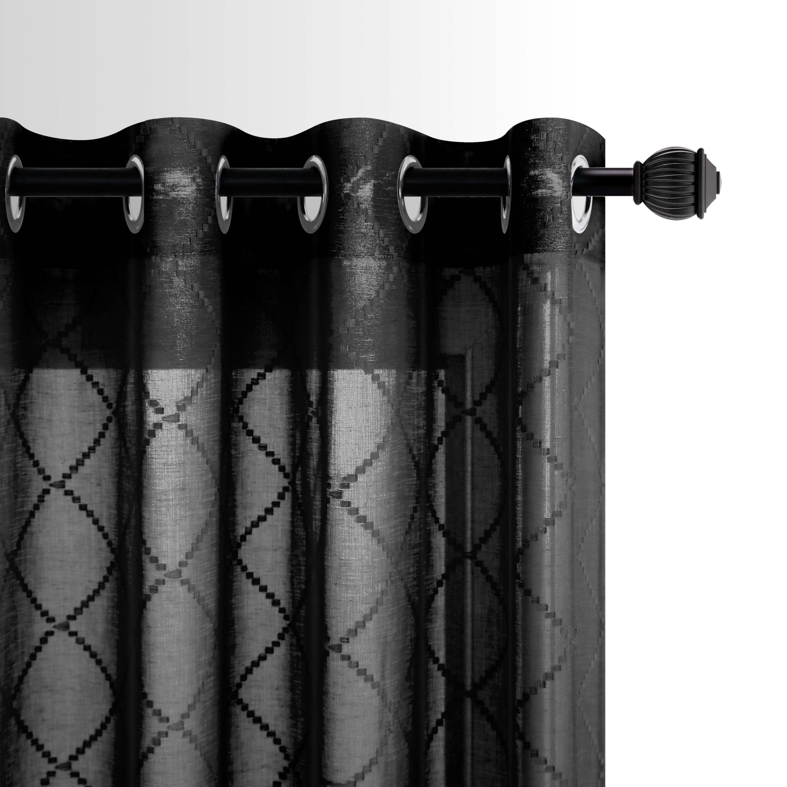 Black 52X90 Inch Length Grommet Diamond Linen Look Sheer Curtains