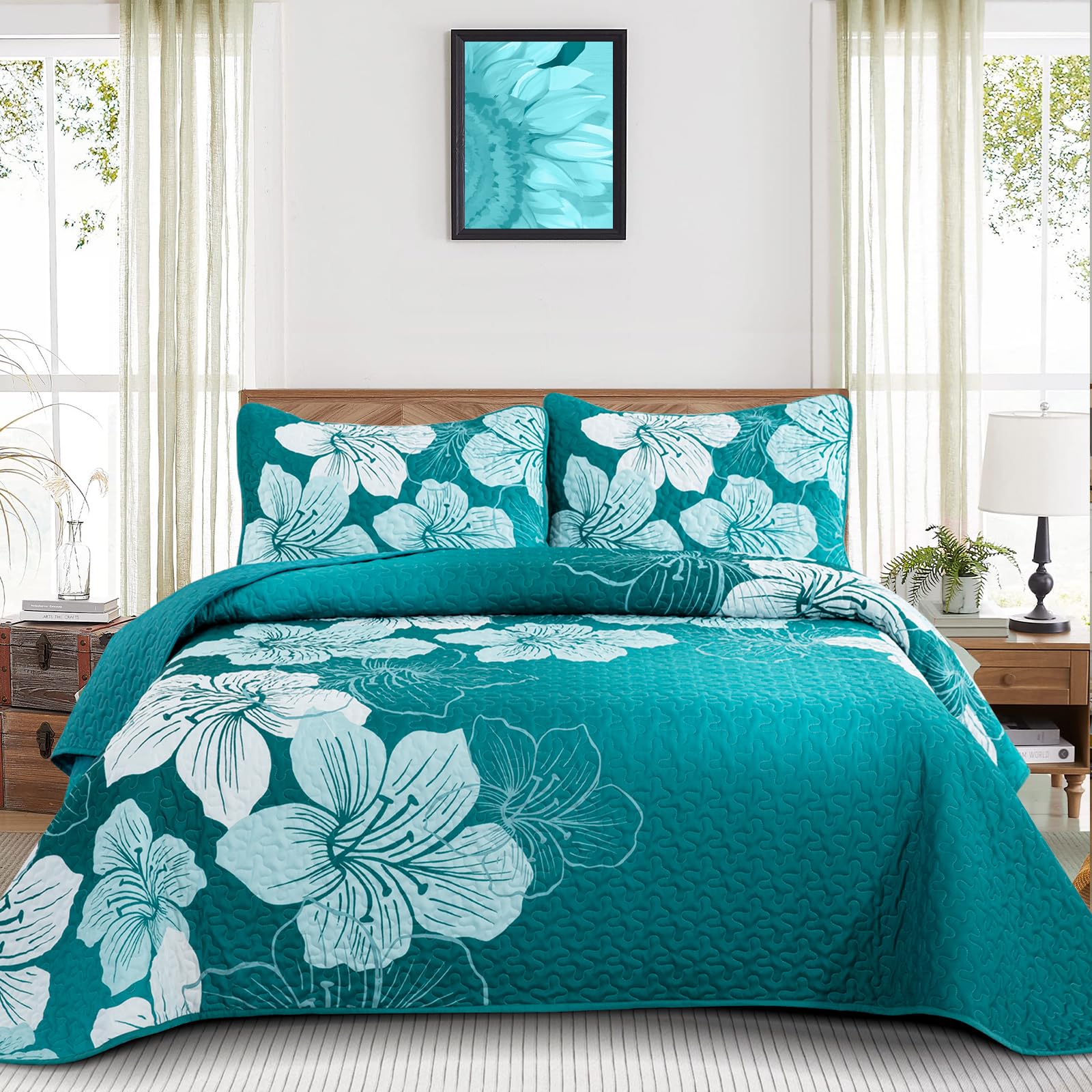 Djy Floral Queen Quilt Set Gradient Green Floral Quilt Coverlet Set 3 Pieces Botanical Bedspread With 2 Pillow Shams Elegent Lig