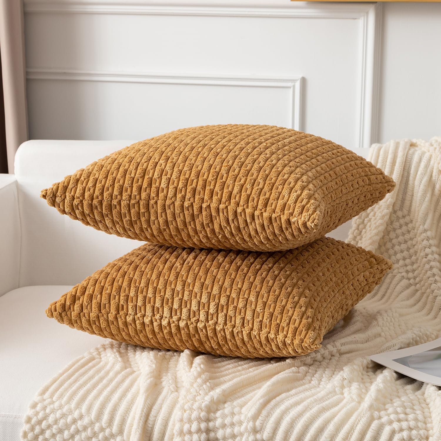 Kevin Textile Throw Pillow Covers Soft Corduroy Decorative Set Of 2 Boho Striped Pillow Covers Pillowcases Farmhouse Home Decor For Couch Bed Sofa Living Room 26X26 Inch Gold