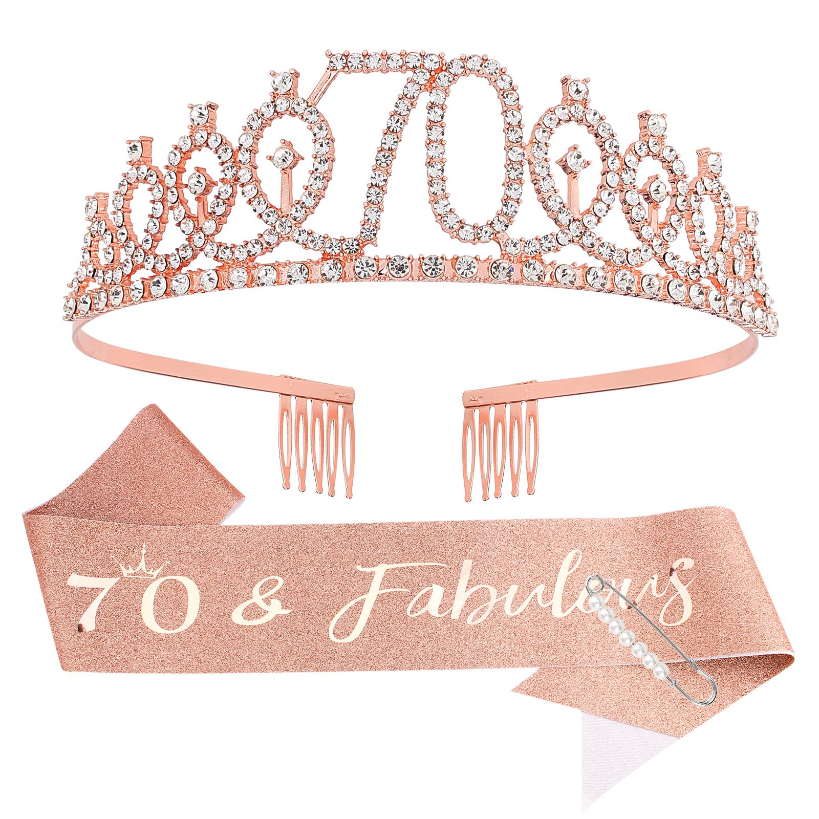 70th Birthday Celebration Pack for Women: Crown, Sash, Pearl Pin, and Photo Booth Props for a Fabulous Milestone