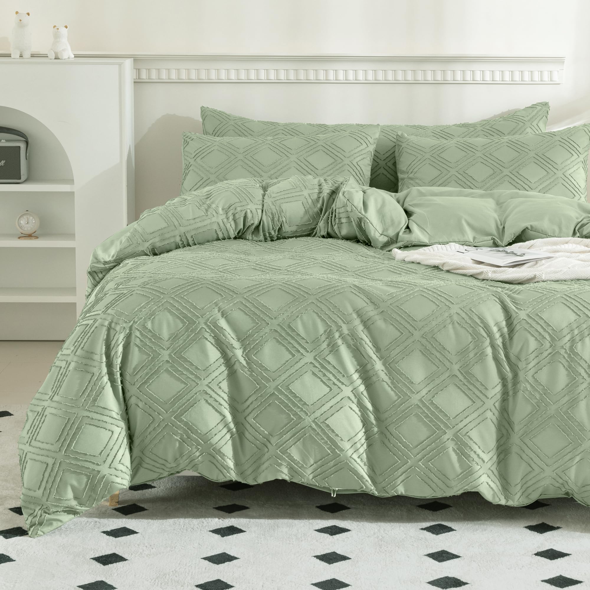 Jellymoni Light Green Duvet Cover Queen Size - 3 Pcs Microfiber Tufted Duvet Cover Set, Boho Textured Duvet Cover Jacquard Rhomb