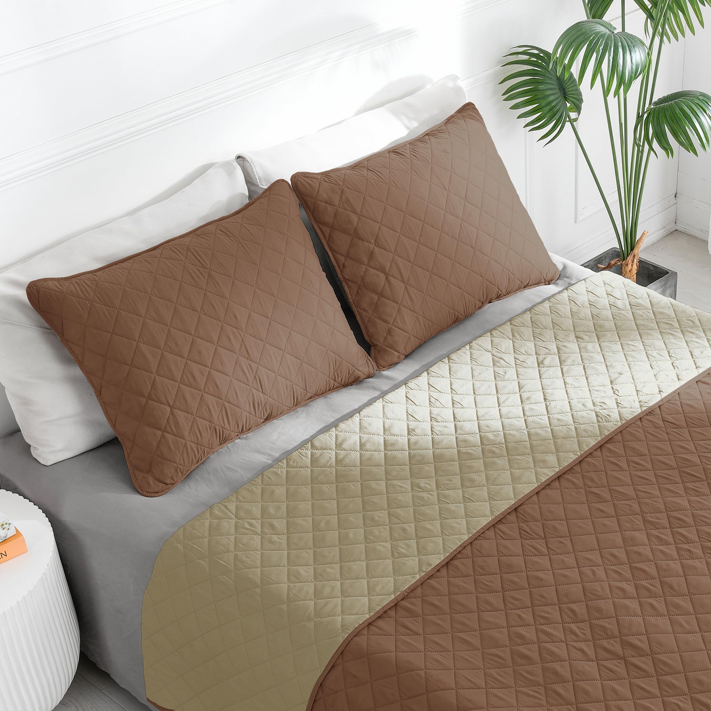 Easy-Going Full/Queen Size Reversible Quilt Set With 1 Quilt And 2 Pillow Shams, Soft Bed Quilt Cover, Water Resistant Lightweight Microfiber Bedspread, Stain Resistant, Brown/Beige