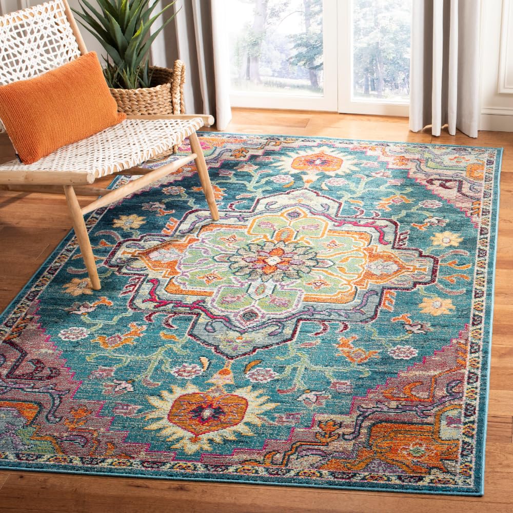SAFAVIEH Crystal Collection Area Rug - 67 x 92, Teal & Rose, Medallion Distressed Design, Non-Shedding & Easy Care, Ideal for 