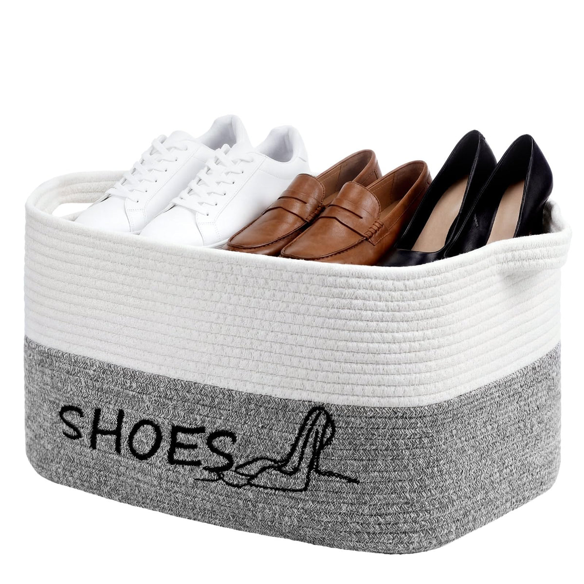 Acellegic Woven Rope Shoes Storage Basket 15.7 x 11 x 9 in Embroidered
