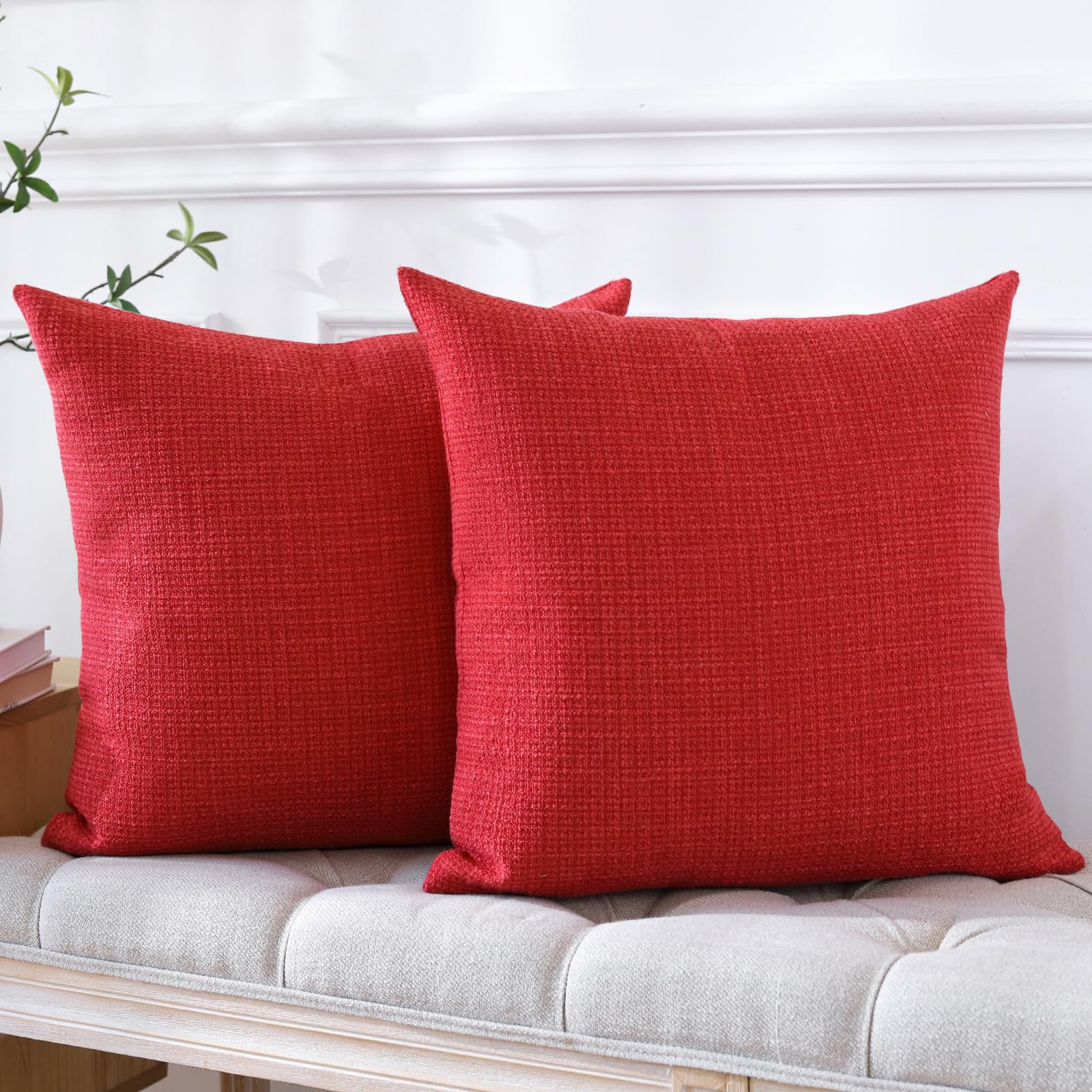 Otostar Pack Of 2 Throw Pillow Covers 20X20 Inch Linen Red Pillowcases Christmas Decorative Solid Pillow Covers 50X50 Cm Square