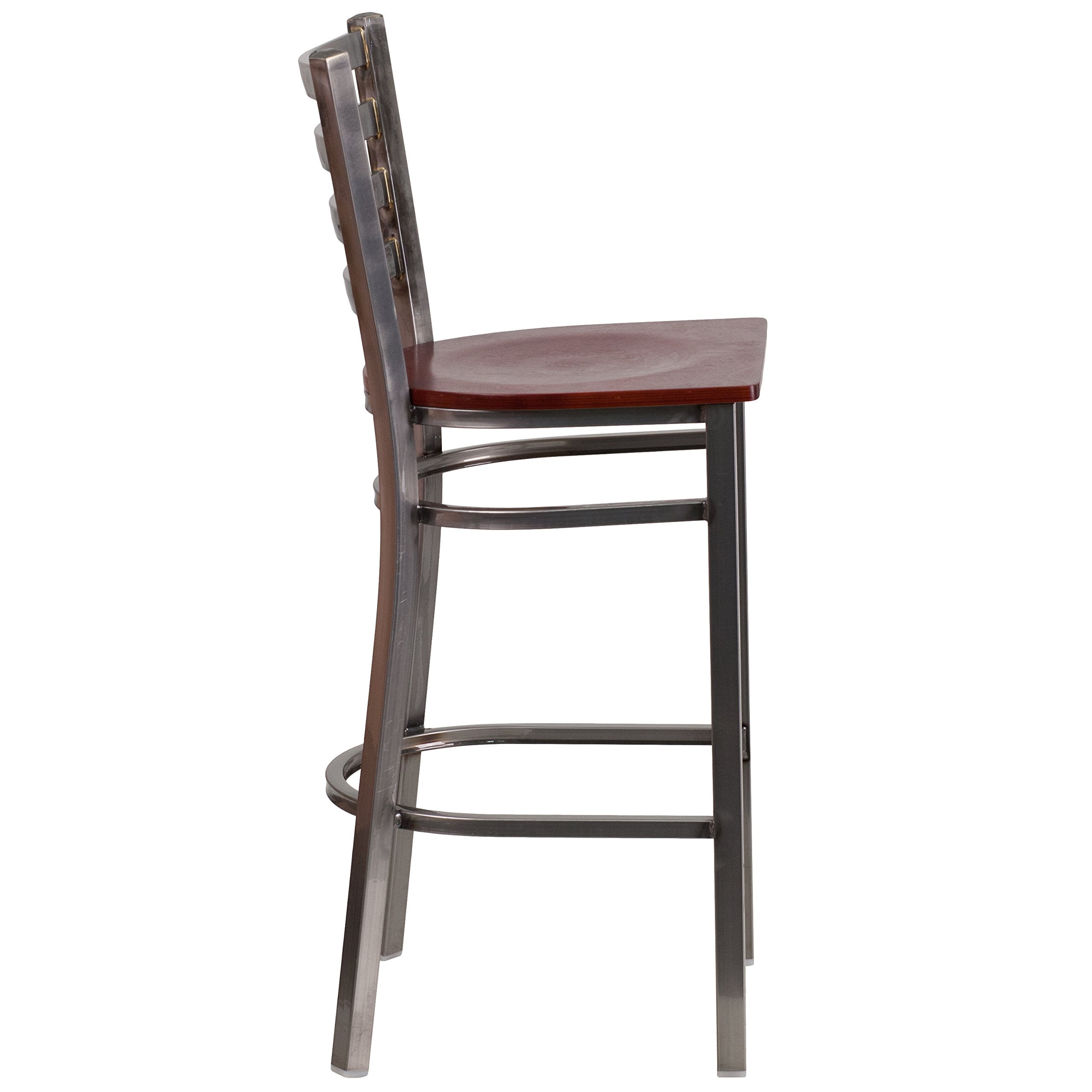 Flash Furniture Hercules Series Clear Coated Ladder Back Metal Restaurant Barstool - Mahogany Wood Seat