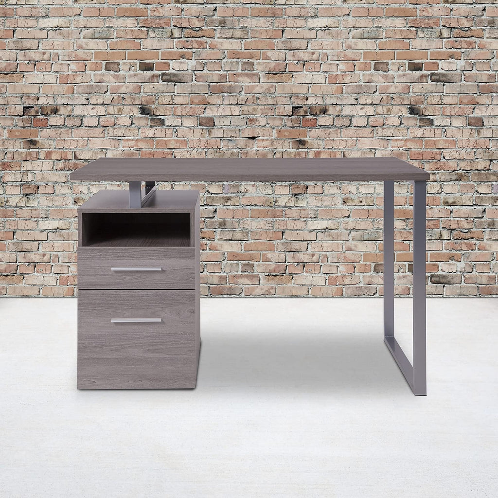 Flash Furniture Harwood Light Ash Wood Grain Finish Computer Desk With Two Drawers And Silver Metal Frame
