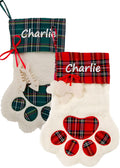 Personalized Dog Cat Paw Christmas Embroidered Stocking with Custom Pet Name - White Faux Sherpa with Red Green Plaid Cuff and D