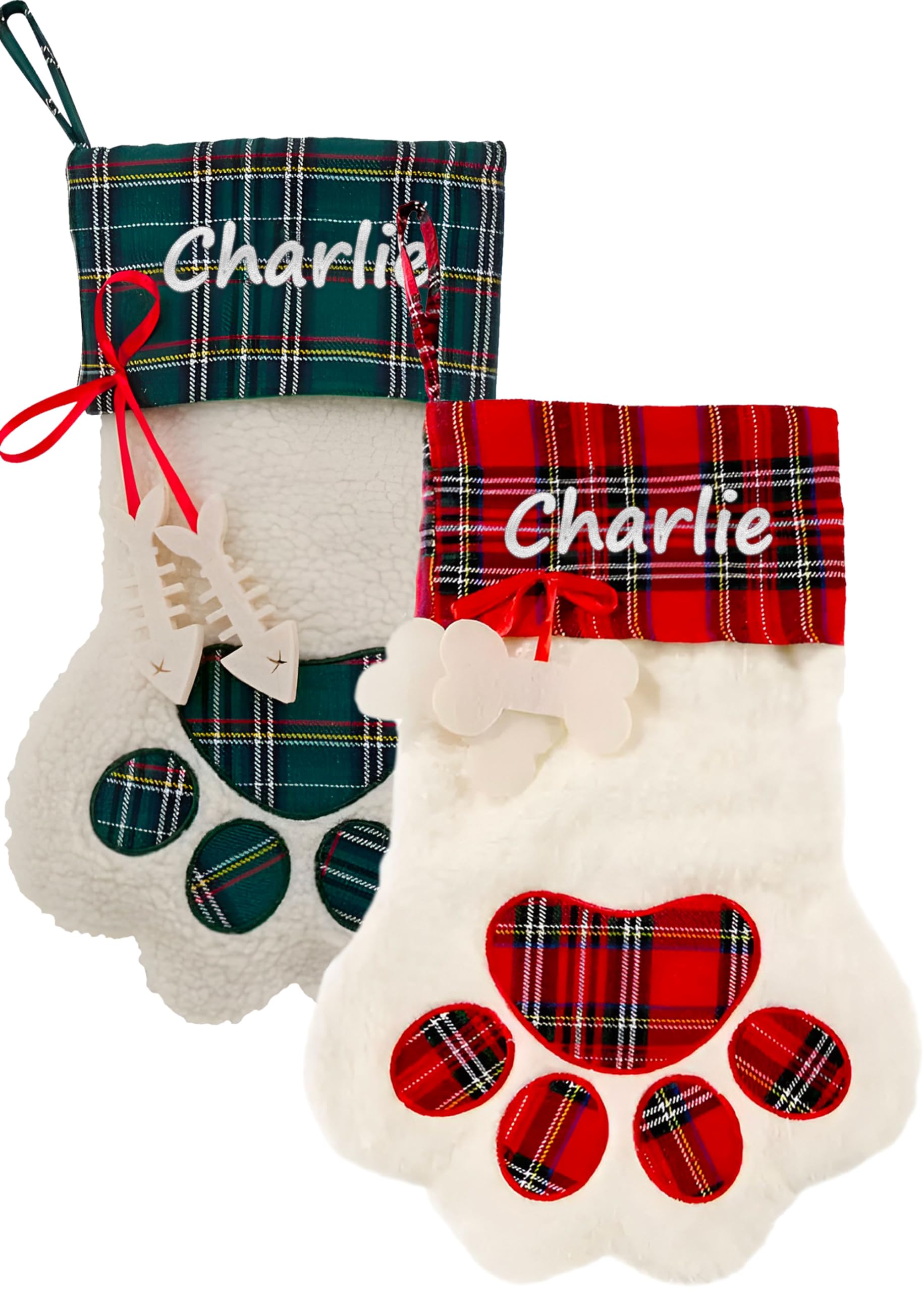 Personalized Dog Cat Paw Christmas Embroidered Stocking with Custom Pet Name - White Faux Sherpa with Red Green Plaid Cuff and D