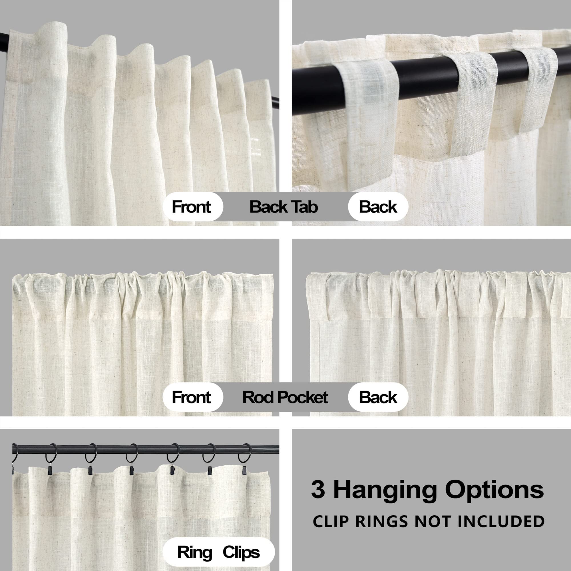 Koufall Natural Back Tab Rod Pocket Linen Sheer Curtains For Living Room 42X108 Inch Length