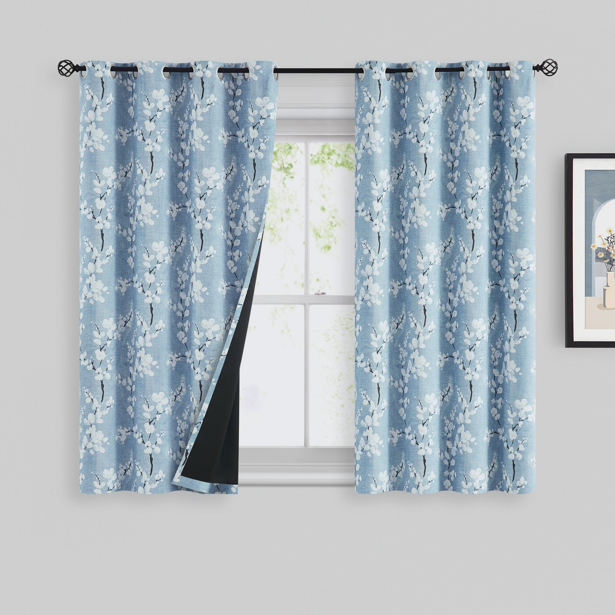 FMFUNCTEX 100% Blackout Floral Curtains for Bedroom, Blue Curtains 54 inch Length Blossom Flower Patterned for Living Room, Ther