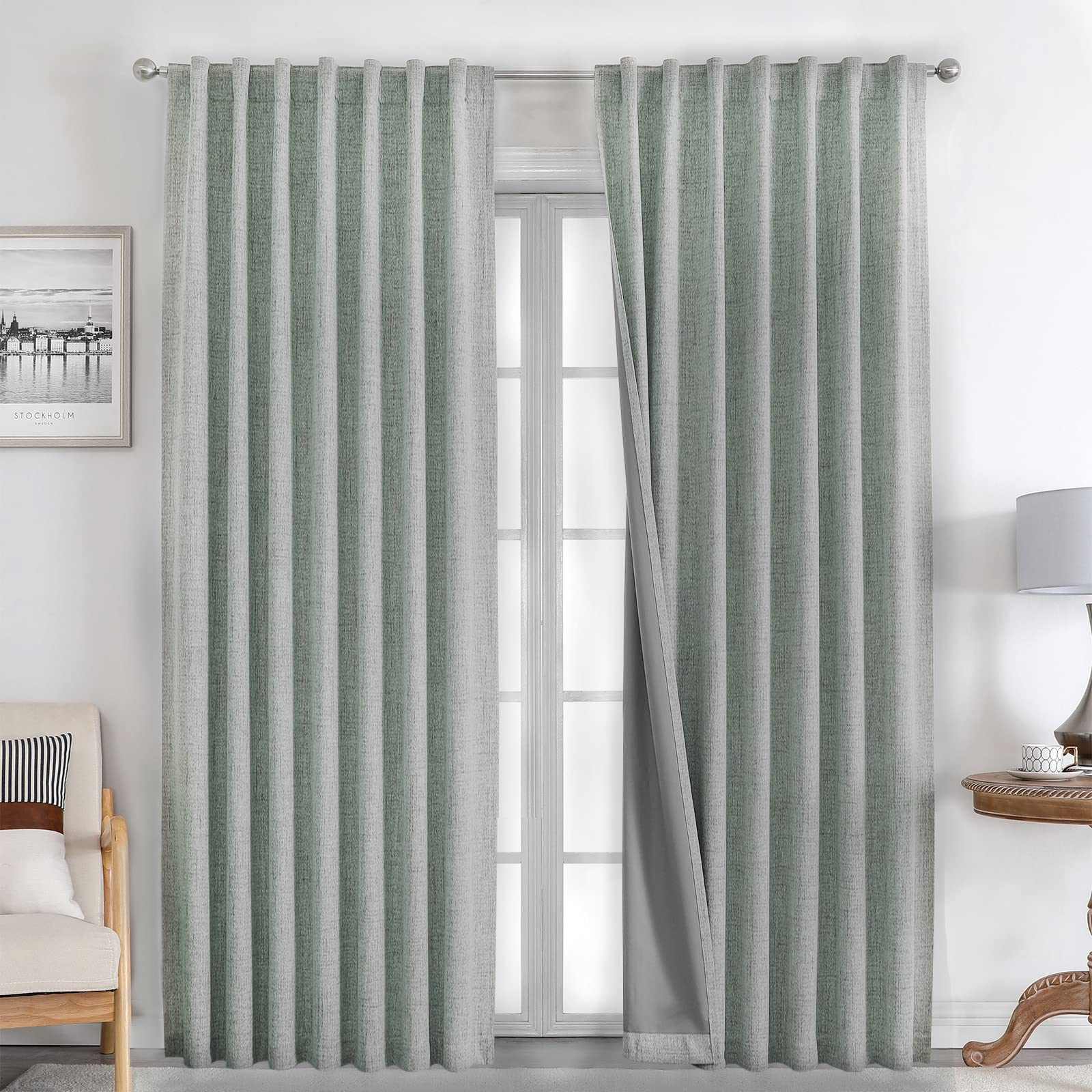 Joydeco Linen Curtains 96 inches Long 100% Blackout Drapes 95 inch Length 2 Panels Set for Bedroom Living Room Black Out Darkeni