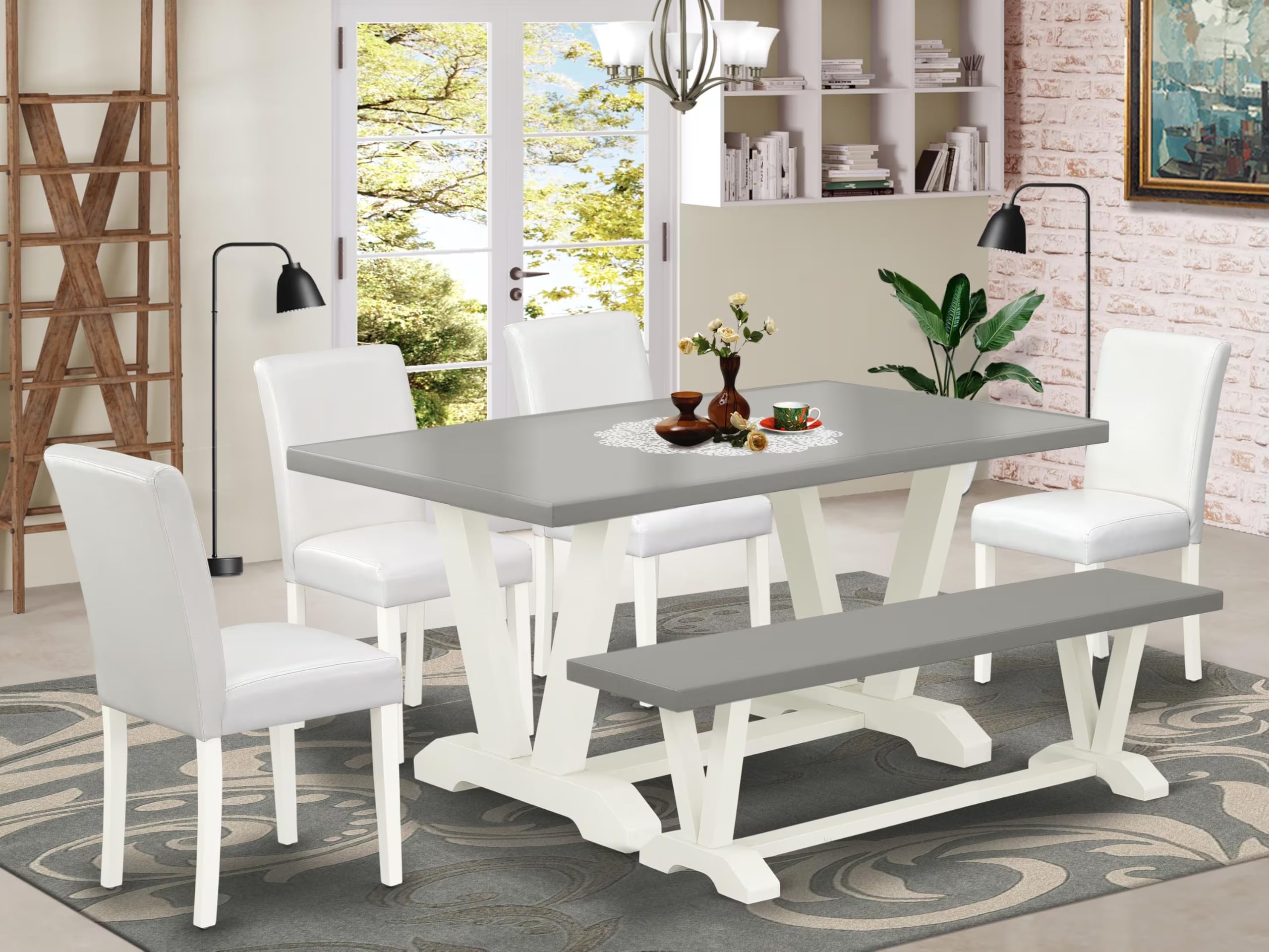 East West Furniture V096Ab264-6 V-Style 6 Piece Set Contains A Rectangle Dining Room Table With V-Legs And 4 White Faux Leather Upholstered Chairs With A Bench, 36X60 Inch