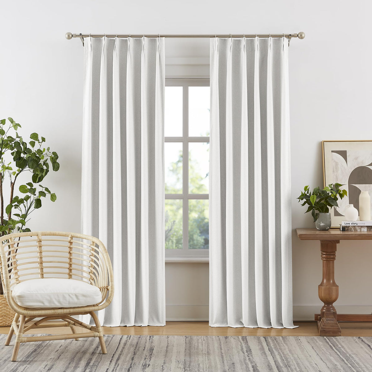 Dualife Greyish White Blackout Curtains, Pinch Pleated Folding Accordion Curtains With Hooks 2 Panels, Room Darkening Linen Blen
