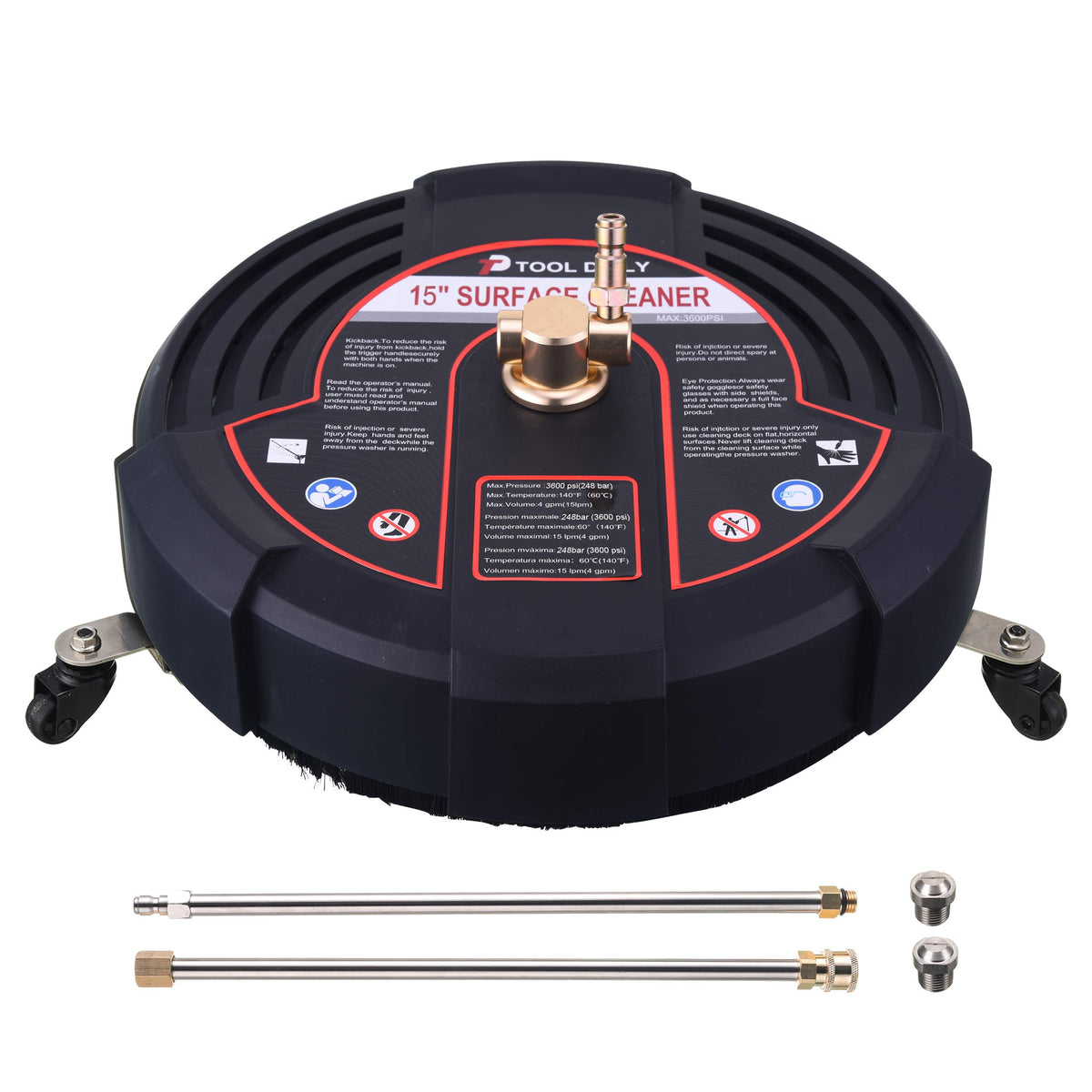 Tool Daily 15 Inch Pressure Washer Surface Cleaner Attachment With Wheels, With 2 Power Washer Extension Wands And 2 Replacement