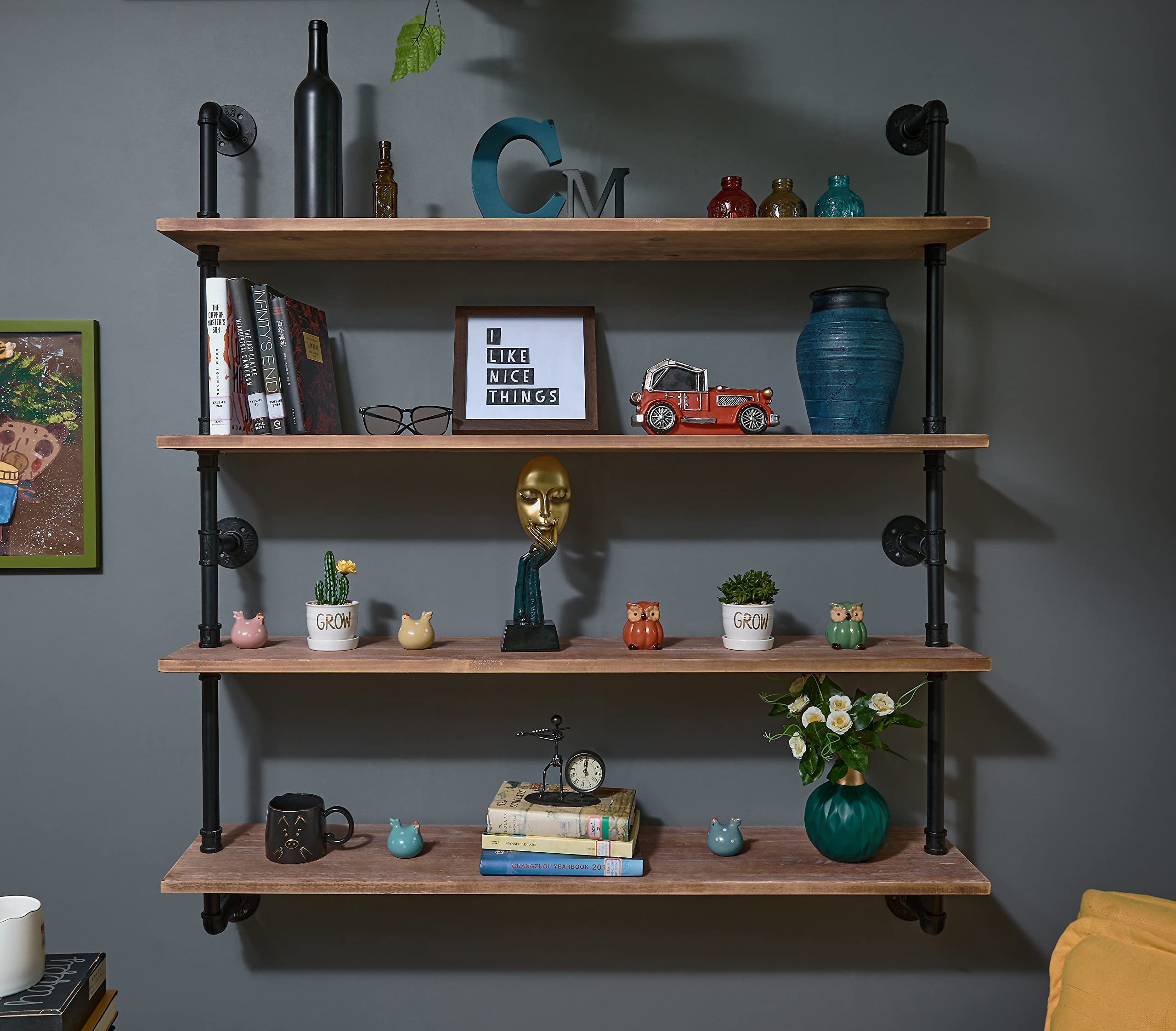 Floating Bookshelf Shelves Pipe Shelves Industrial Pipe Shelving Industrial Floating Pipe Shelves with Wood planks 48 inch Indus