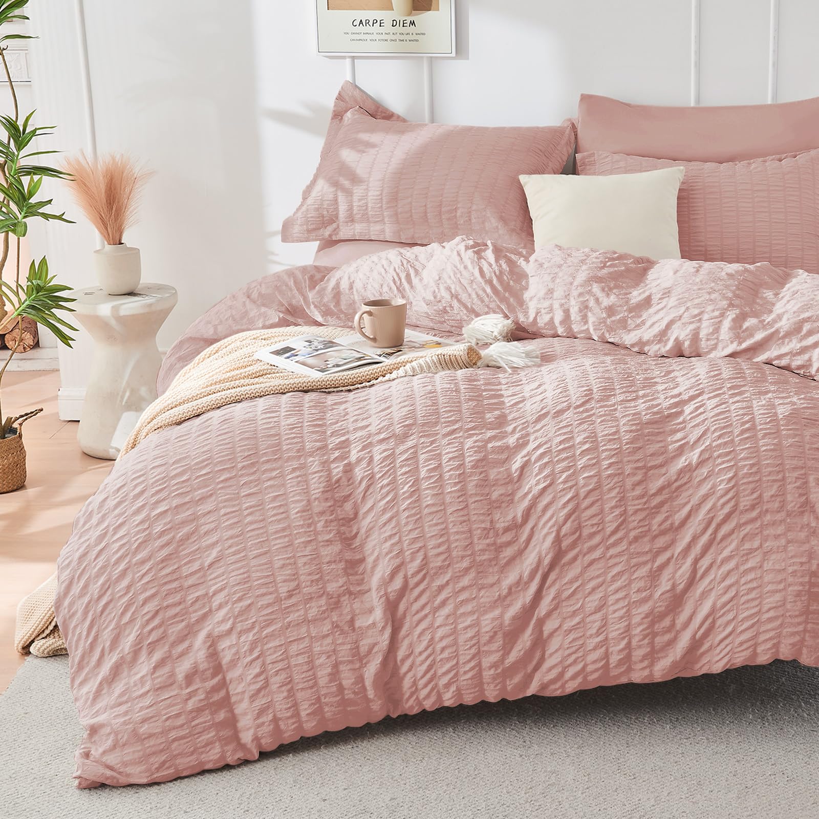 Hymokege Rose Gold Duvet Cover King Size, Ultra Soft 3-Piece Seersucker Duvet Cover Set With Zipper Closure, Soft Brushed Microf