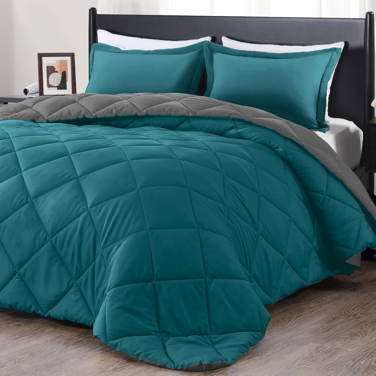 Downluxe Queen Comforter Set - Ocean And Grey Queen Comforter, Soft Bedding Comforter Sets For All Seasons, Queen Bed Comforter