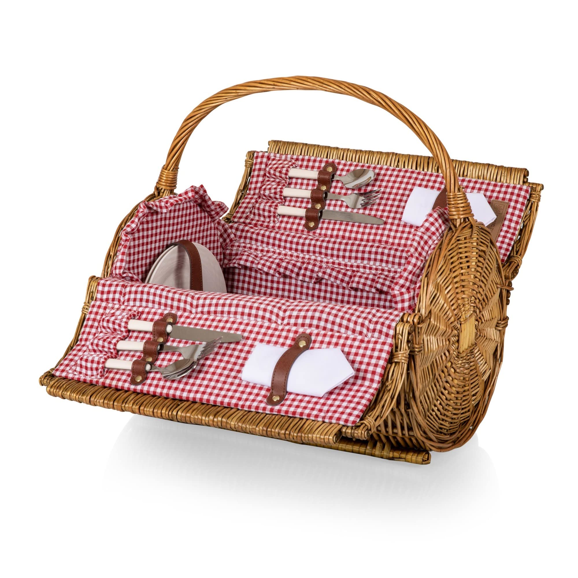 Picnic Time - Barrel Wicker Picnic Basket for 2 - Picnic Set - Wine Picnic Basket, (Red & White Gingham Pattern), 18.5'' x 17'' 