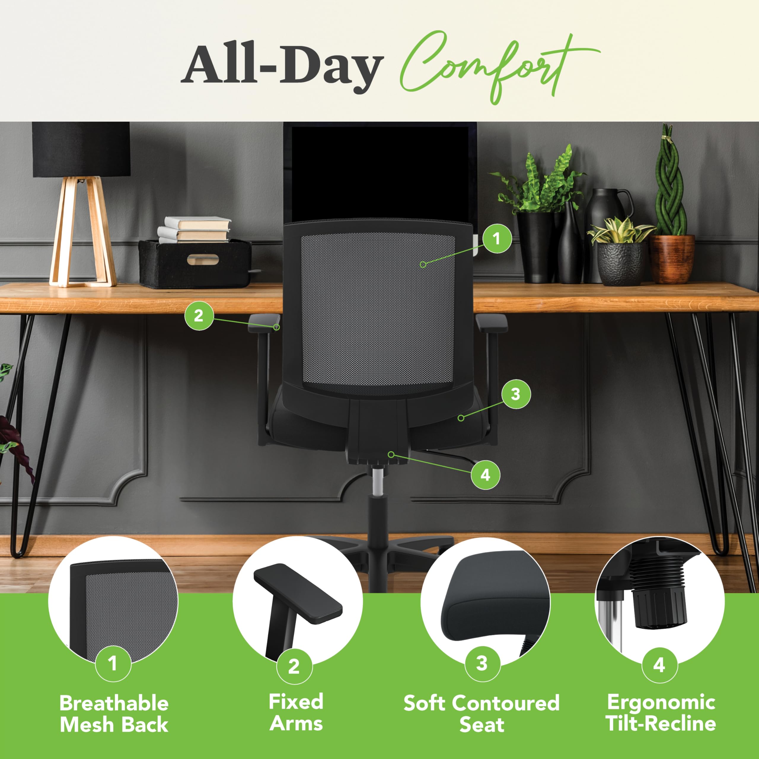 HON Torch Ergonomic Office Chair Mesh Mid Back Computer Desk Chair with Wheels - Comfortable Fabric Seat Home Office Task Chair, Tilt-Tension Recline Control, 360 Rolling Swivel, Sculpted Fixed Arms