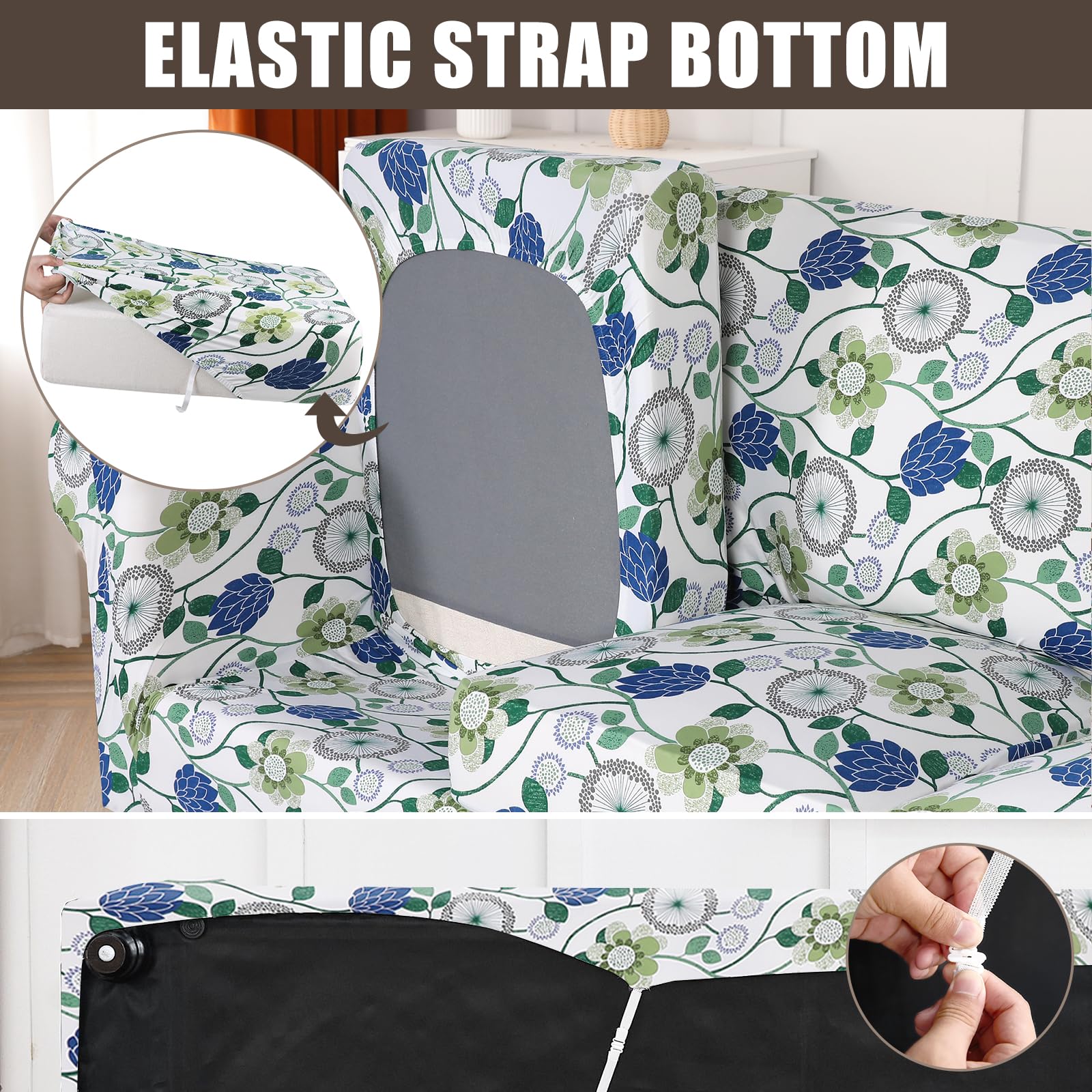 Searchi Stretch Sofa Cover Printed Couch Cover, Floral Pattern 4 Pieces Sofa Slipcover With 3 Separate Cushion Cover, Washable Furniture Protector For Living Room(Sofa, Green Flowers)